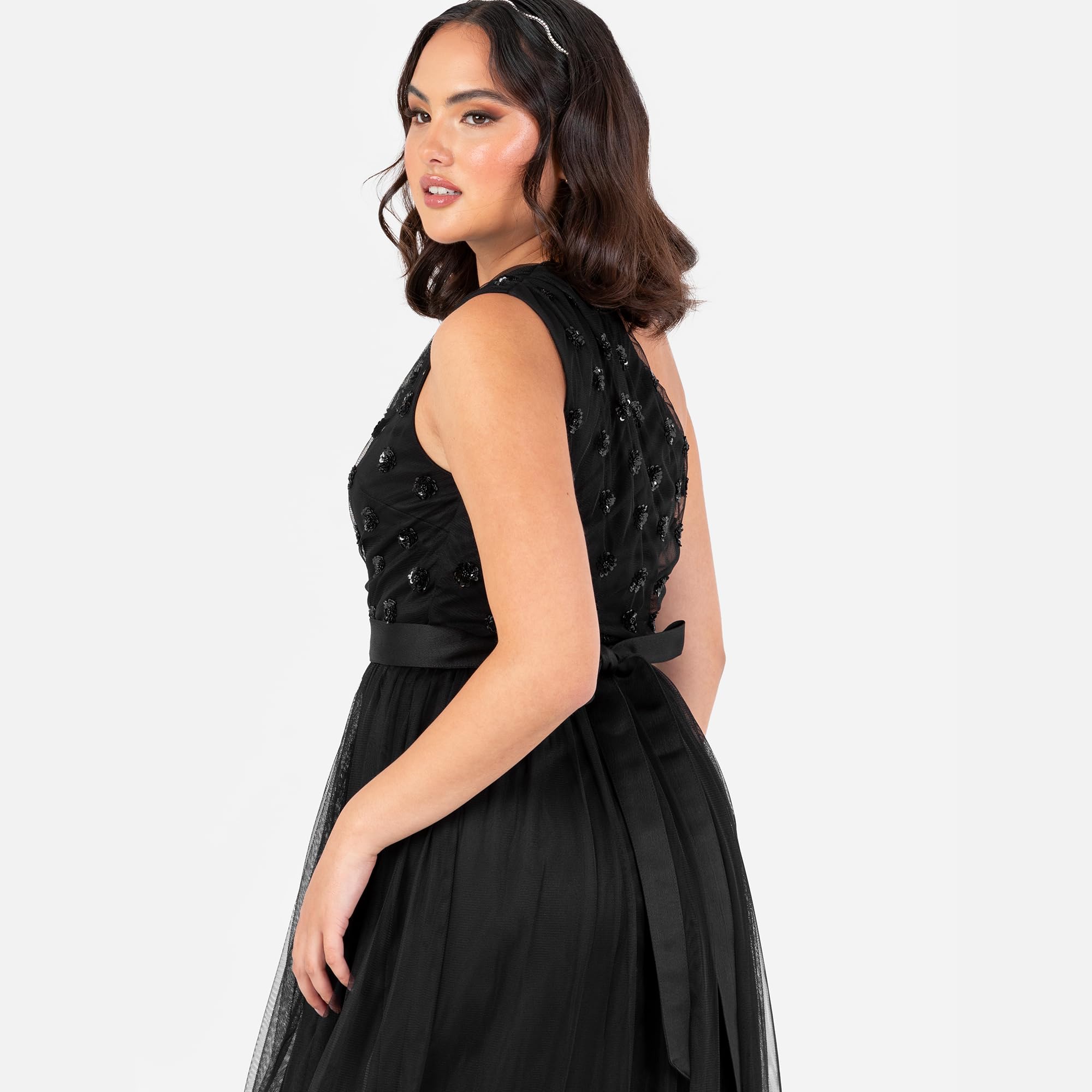 Maya Deluxe Damen Women's Maxi Dress Ladies One Shoulder Sleeveless Floral Sequin Embellished Sash Tie Belt Tulle A-line Split Bridesmaid Dress (1er Pack)
