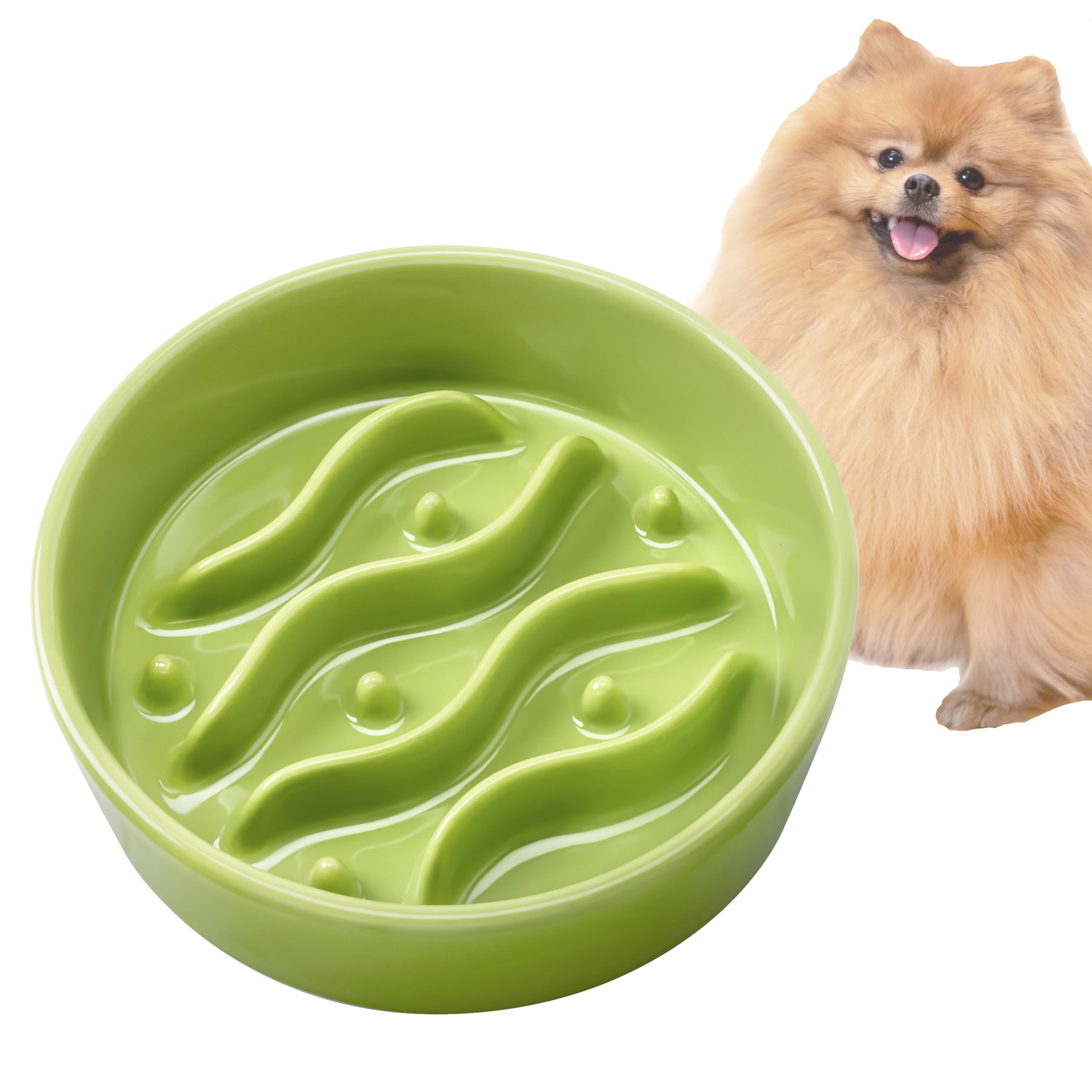 Ceramic Slow Feeder Dog Bowl for Small Breed, 6-Inch Dog Slow Feeder Bowl for Fast Eaters, 14oz, Lime Green