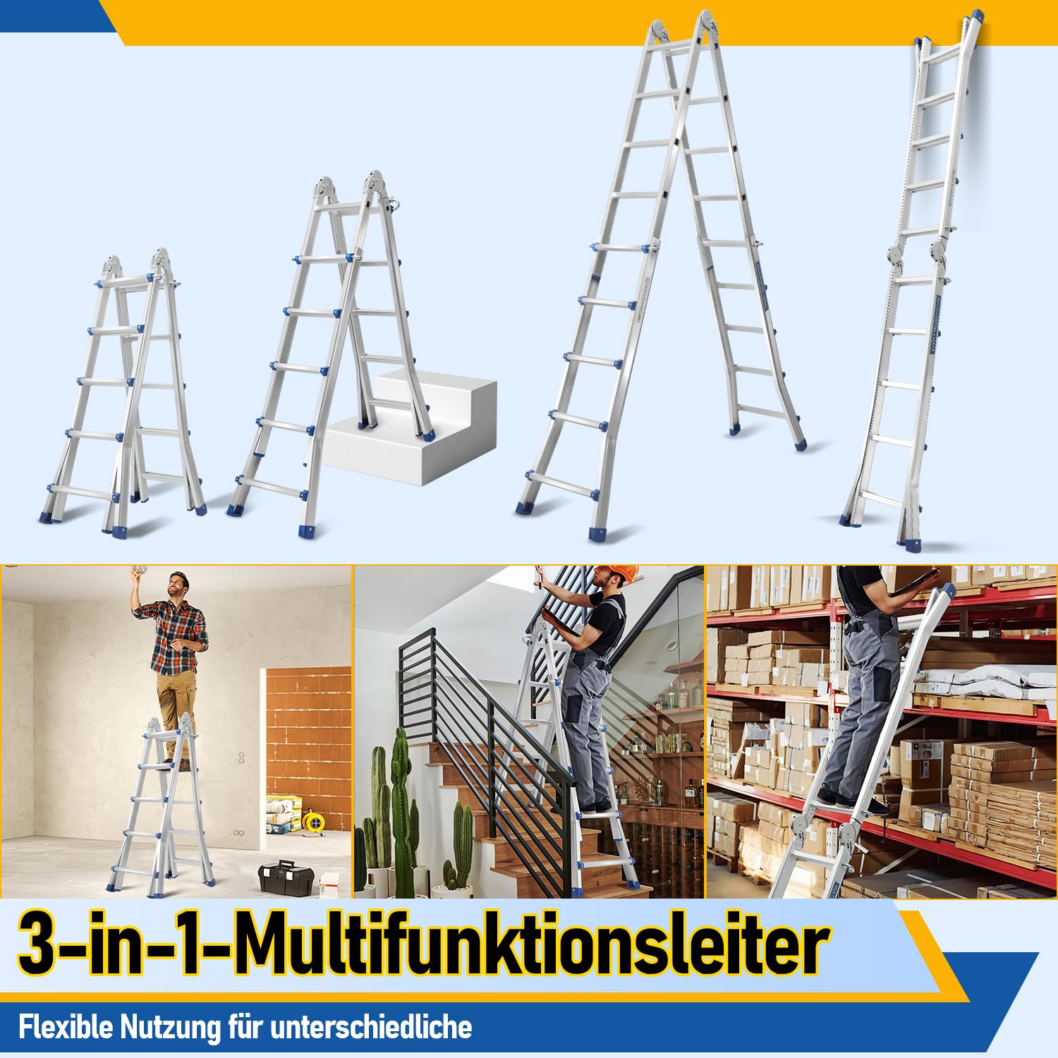 Ikodm Mehrzweckleiter 402cm 4x4 Sprossen Teleskopleiter 3 in 1 Aluleiter Multifunktionsleiter Klappleiter, Anlegeleiter Bockleiter Schiebeleiter beidseitige Steh und Treppenleiter