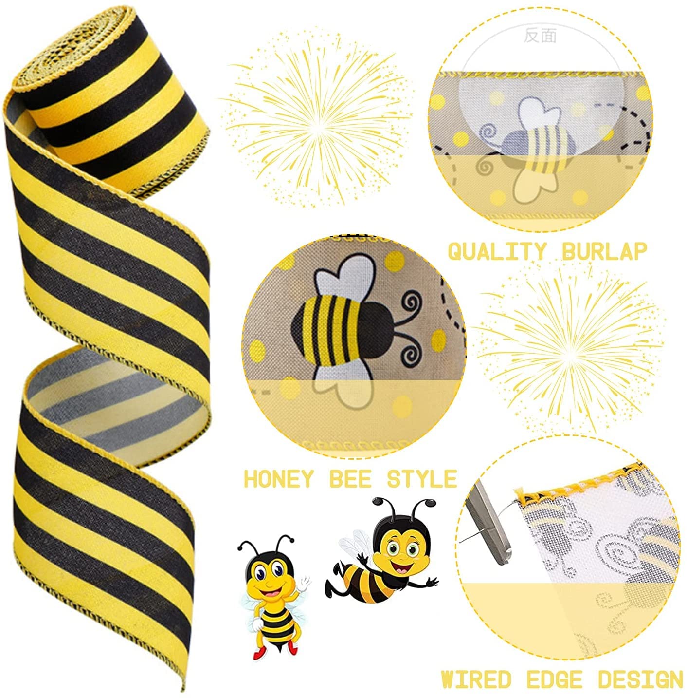 6 Rolls 40 Yards Honeybee Ribbon Wired Edge - Bee Themed Decorations for Crafts, Wrapping, Easter, Party & Baby Birthday Supplies