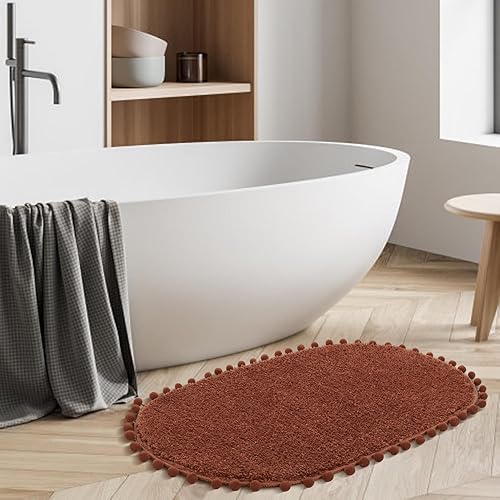 Miniatura 7 de YIRDDEO Alfombra de baño antideslizante con pompones, diseño bohemio, ovalado, absorbente, de felpa, suave, lavable, color terracota (20 x 30