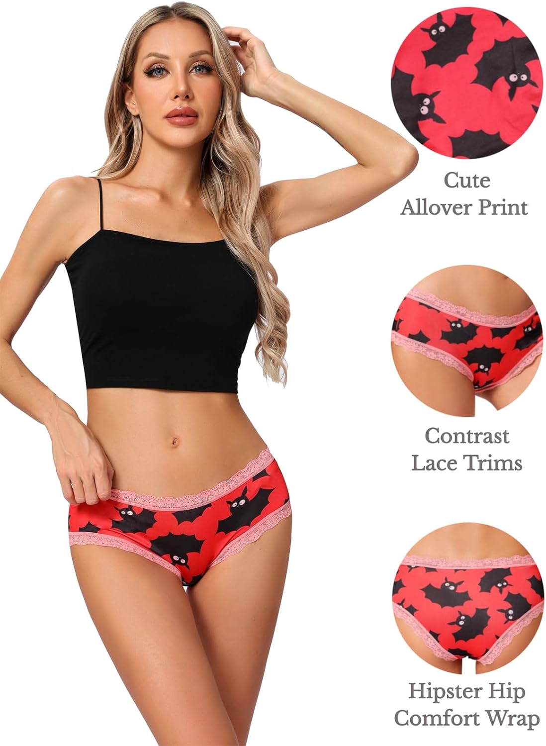 Morvia 6pcs Women Underwear Gothic Sexy Halloween Skulls Roses Allover Print Contrast Lace Hipsters Panties - Image 3