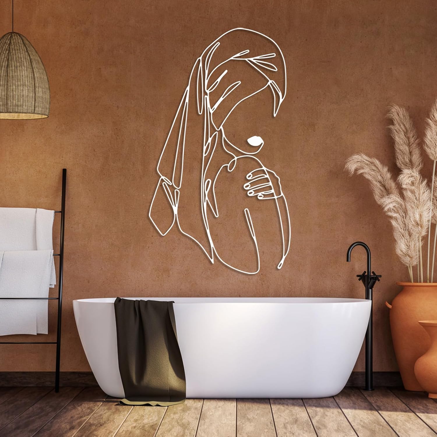 SZI Feminine Bathroom Metal Wall Art, Woman in Towel Metal Line Art Wall Decor, Minimalist Feminine Bathroom Wall Decor (Black, 24"x13"|60x34cm)