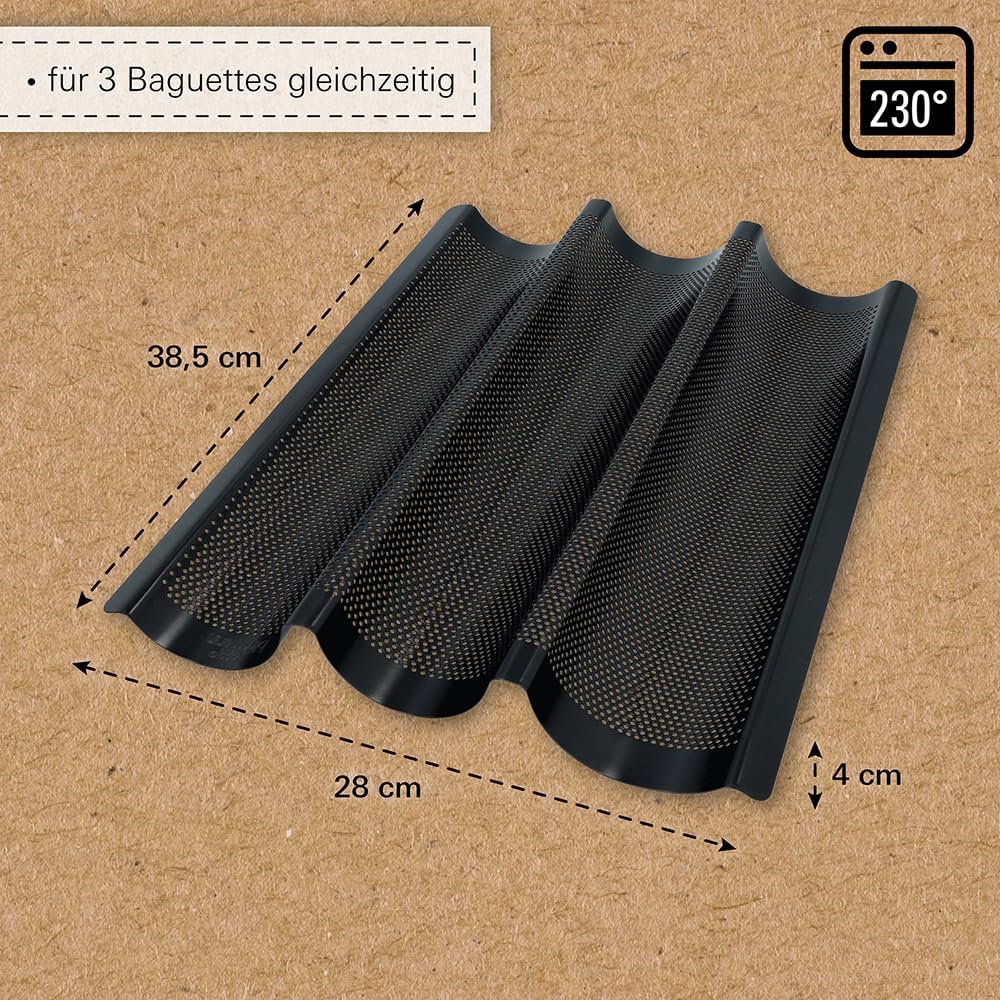 Birkmann, Bread Buddies, Baguette Tray, Perforated Baguette Mould Made of Carbon Steel for 3 Baguettes with Non-Stick Coating and Recipe Idea, 331006