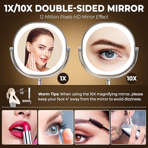 Miniatura 6 de Espejo de maquillaje iluminado montado en la pared de 9 pulgadas, 3000 mAh recargable de doble cara 1X10X espejo de aumento con gancho, 3 luces de
