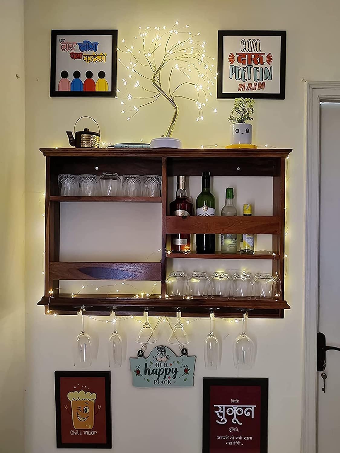 Solid Sheesham Wooden Wine Rack | Jorden Wooden Wall Hanging Design Bar with Glass Holder, Bottle Storage Shelf | Mini Bar for Home | Natural Finish-image-14
