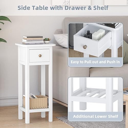 Miniatura 6 de Giantex - Mesa auxiliar alta con cajón y estante, mesa auxiliar estrecha de dos niveles, mesa de noche de madera de acacia para sala de estar, mesa