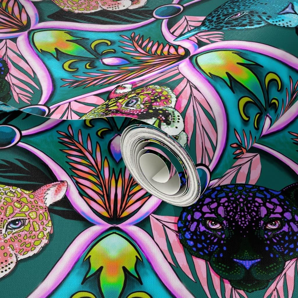 Spoonflower Peel & Stick Wallpaper 3ft x 2ft - Maximalist Neon Ogee Teal Retro Leopards Tropical Jungle Animal Print Custom Removable Wallpaper