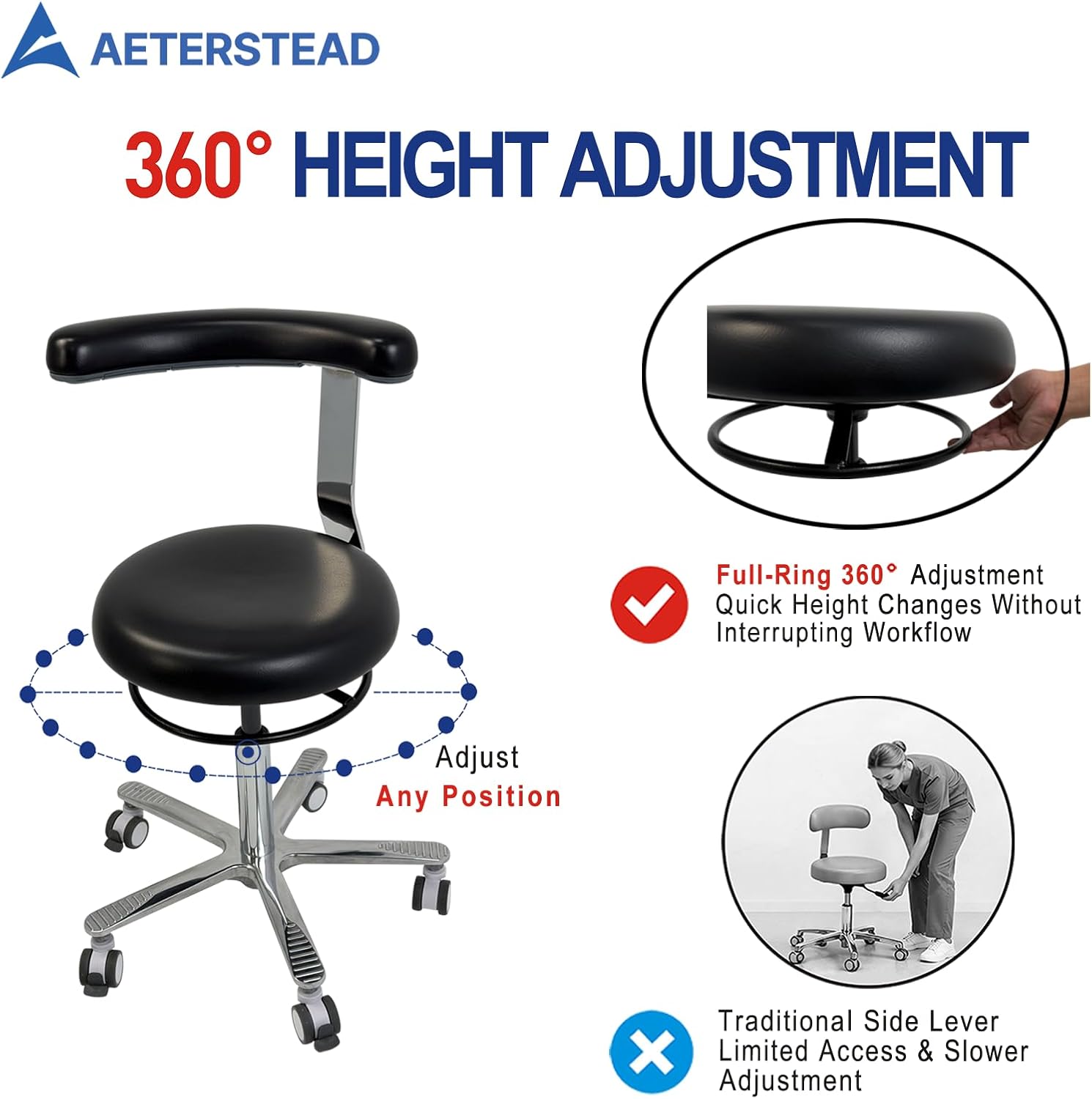 Heavy Duty Dental Assistant Stool Chair | 360° Adjustment Ring, Locking Rubber Casters,Ergonomic Backrest & Arm Support, Adjustable Height, For Salon, Beauty & Tattoo
