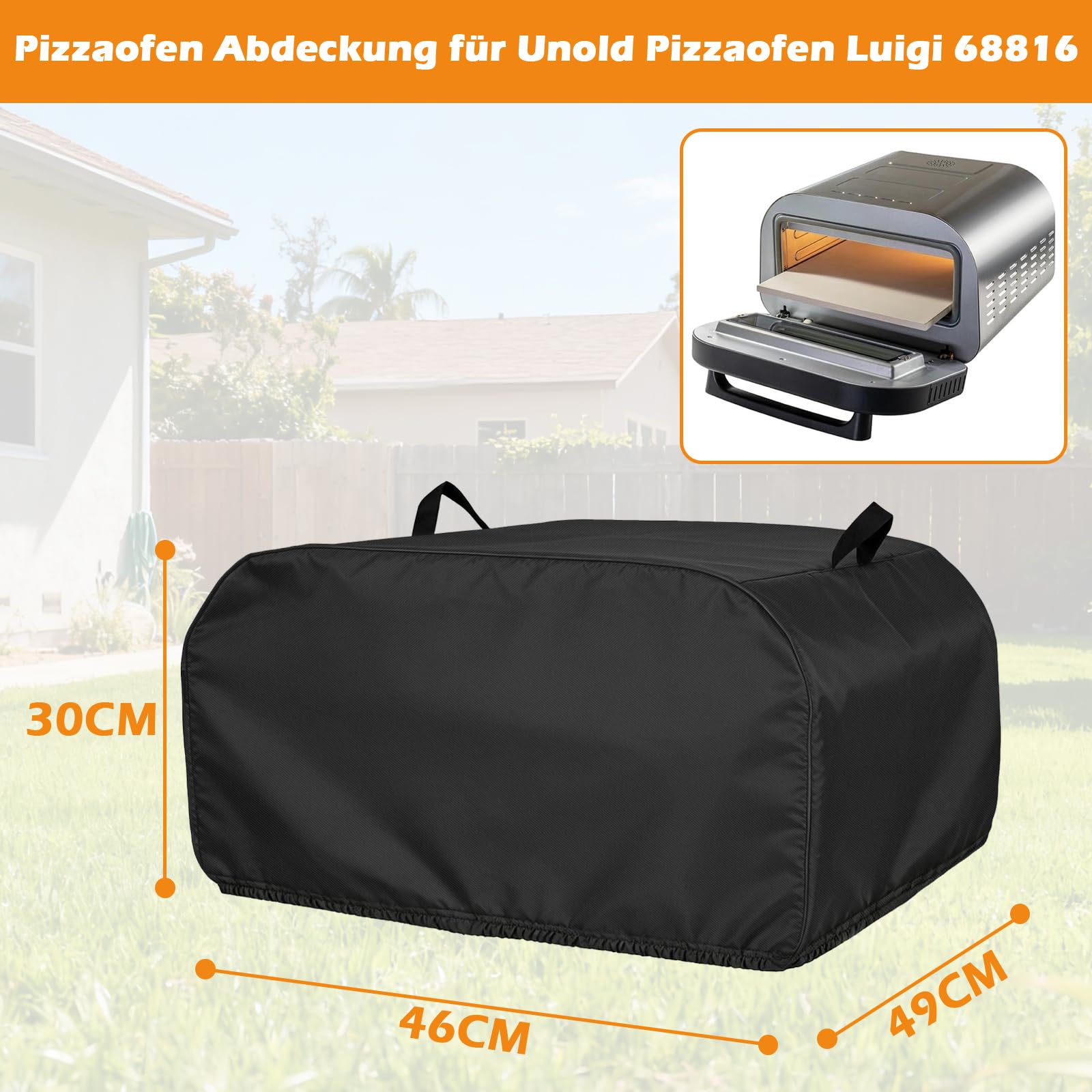 Pizzaofen Abdeckung für Unold Pizzaofen Luigi 68816 Gas Pizza Ofen, Wasserdicht Staubdicht Pizzaofen Tragetasche 500D Oxford-Stoff Pizzaofen Tragetasche Pizzaofen Zubehör(46X49X30CM)