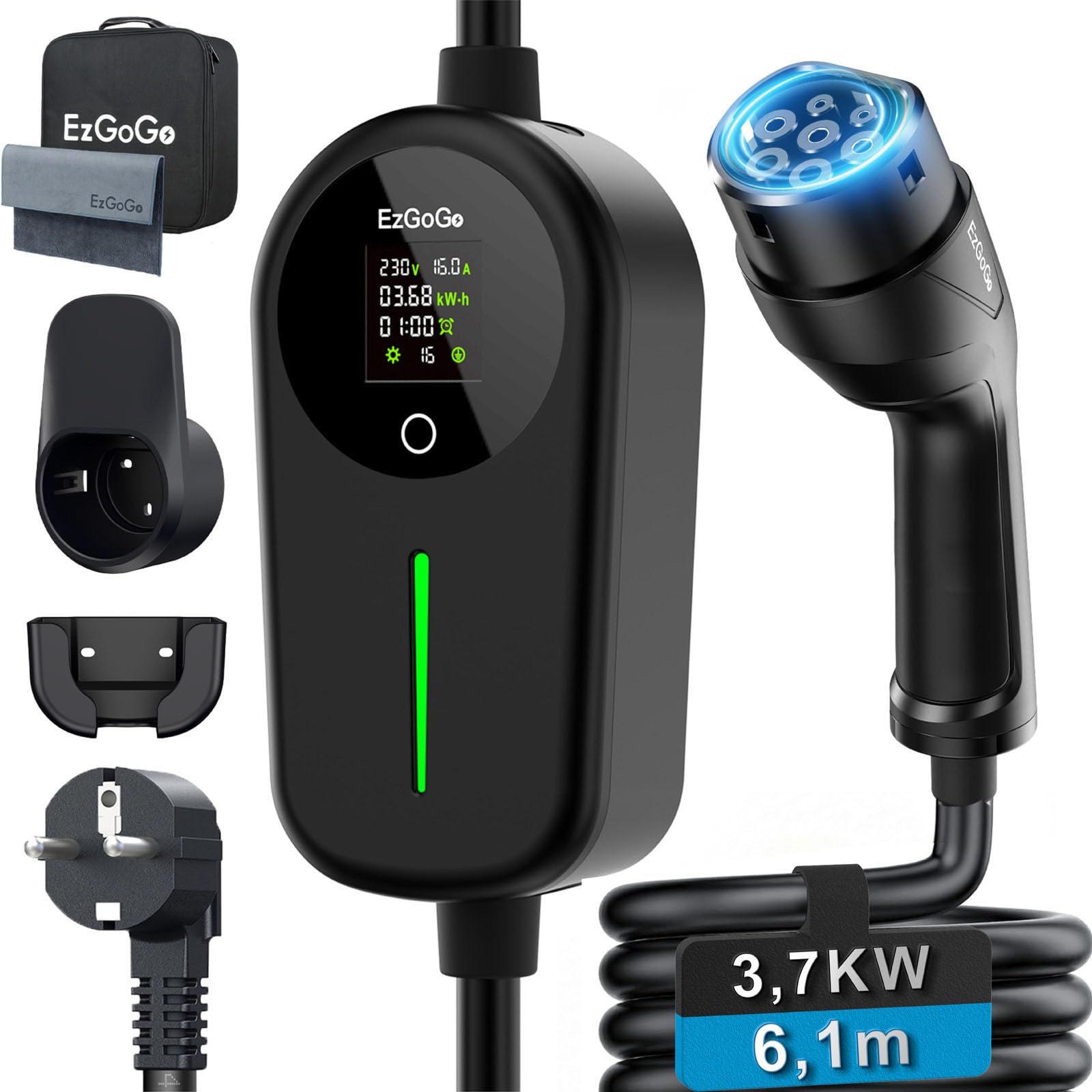 EzGoGo Cable de carga Schuko tipo 2, 3,68 kW, 6,1 m, 1 fase, 6-16 A, cargador EV con pantalla LCD ajustable y protección IP65, cargador portátil para todos los coches eléctricos y PHEVs según la norma