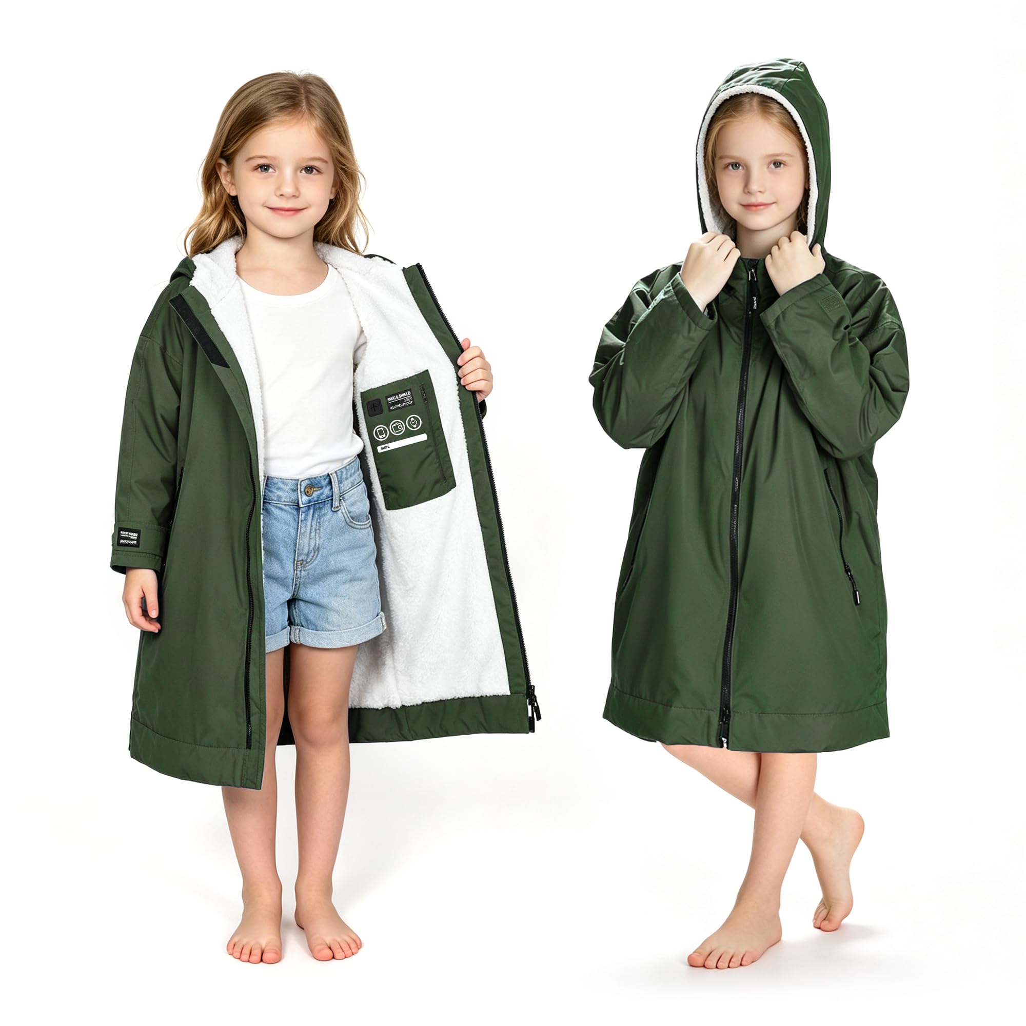 Catalonia Kids Waterproof Swim Parka with Hood, Sherpa-Lined Changing Robe