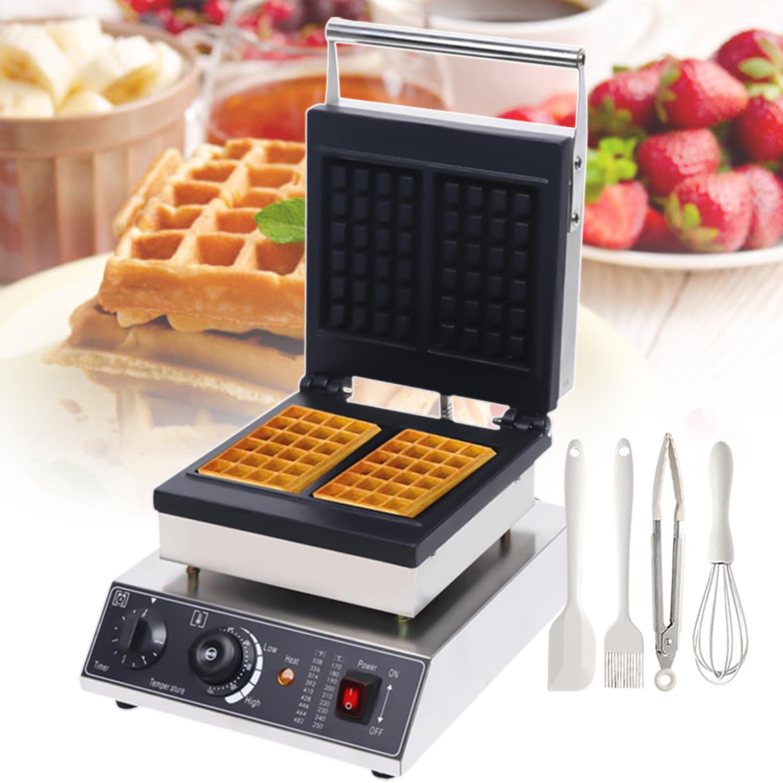 Waflera De Acero Inoxidable De Alta Resistencia | Placas De Calentamiento Dobles Comerciales con Control Giratorio | Ideal para Catering, Hoteles, Desayunos Y Postres Caseros,2-Slice