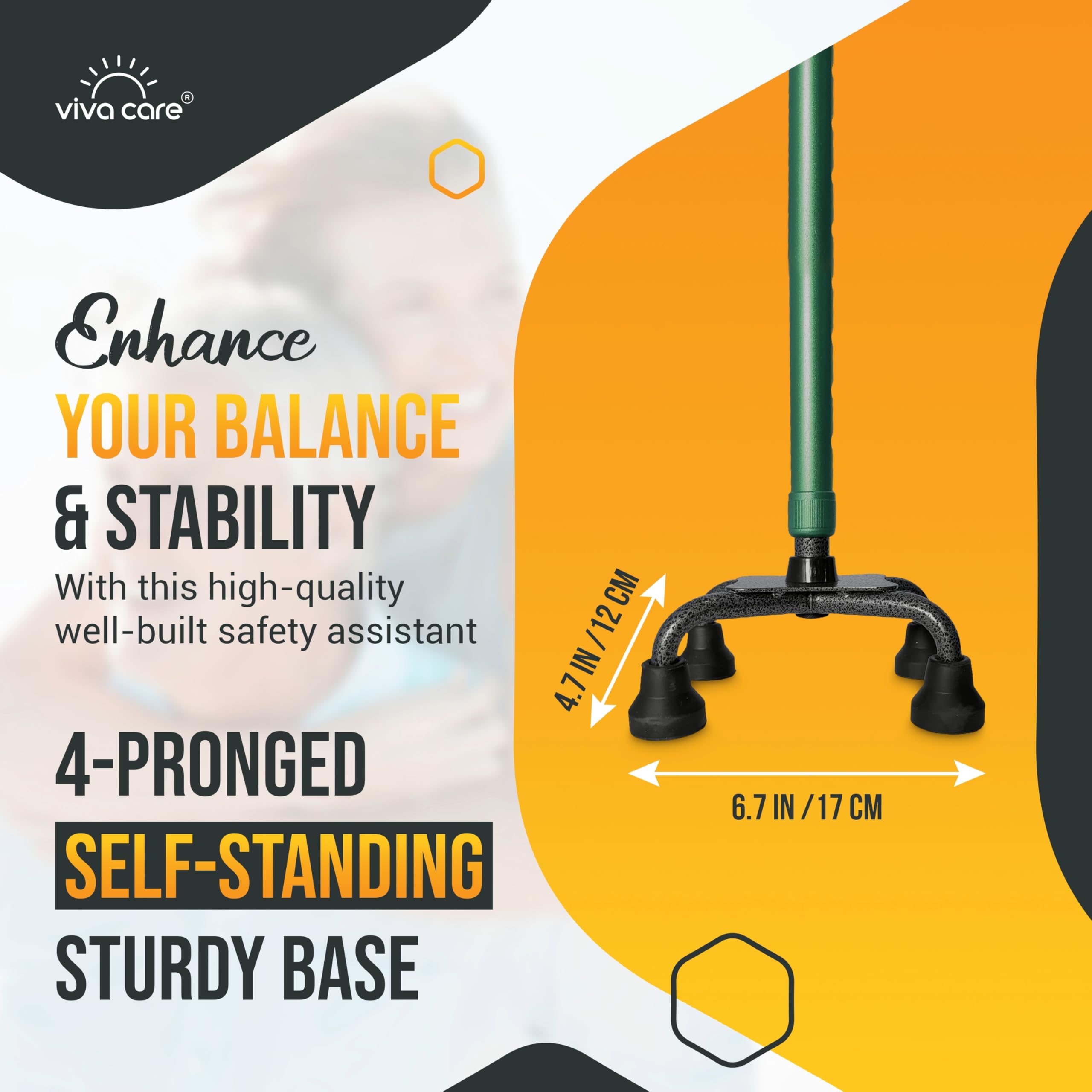 Bastón con 4 puntas y mango lateral extra, ajustable, para equilibrio y estabilidad para adultos, personas mayores y lesionadas.
