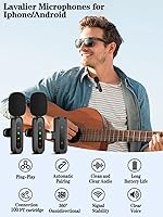 Vista 2 de Micrófono Lavalier inalámbrico para iPhone, Android, Plug-Play, paquete de 2 mini micrófonos profesionales con reducción de ruido, micrófono de clip