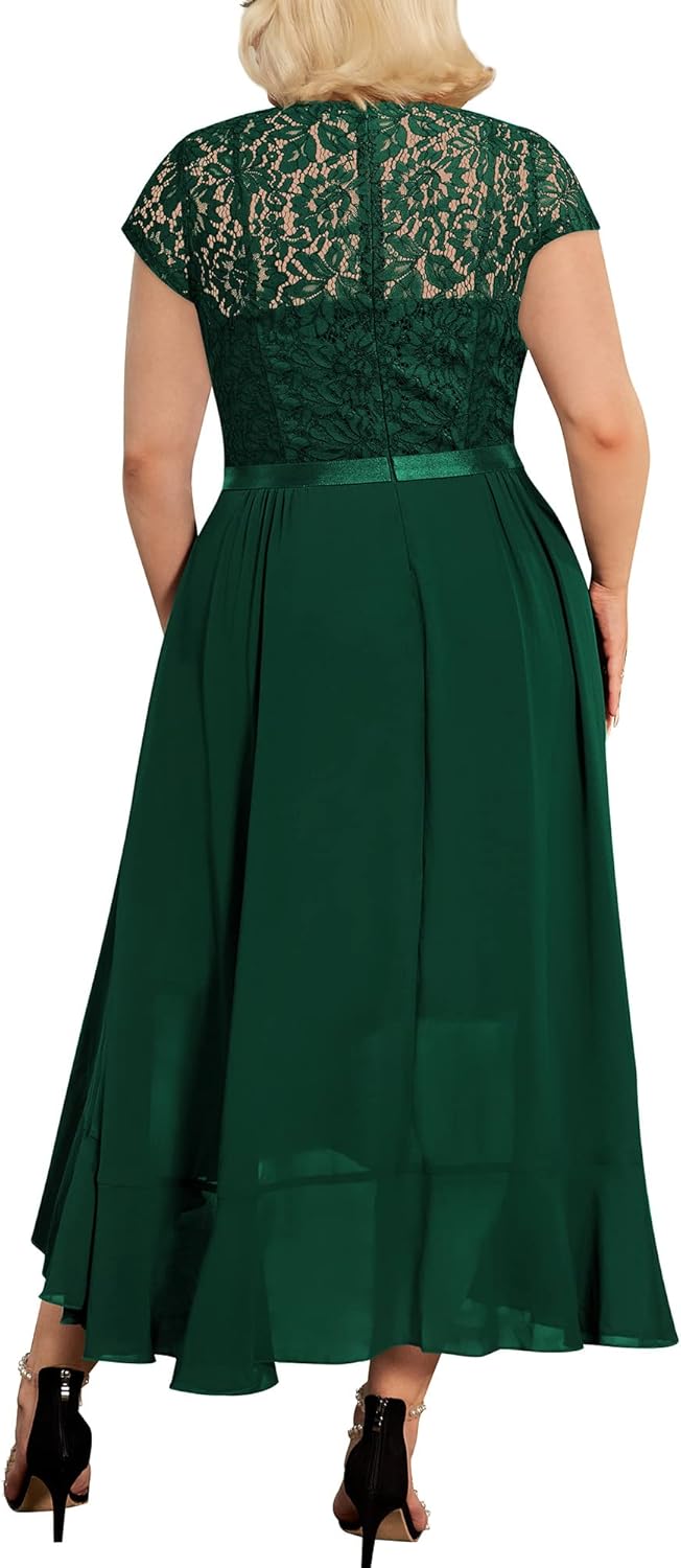 Miusol Women's Plus Size V Neck Elegant Floral Lace Ruffle Bridesmaid Maxi Dress - Image 2