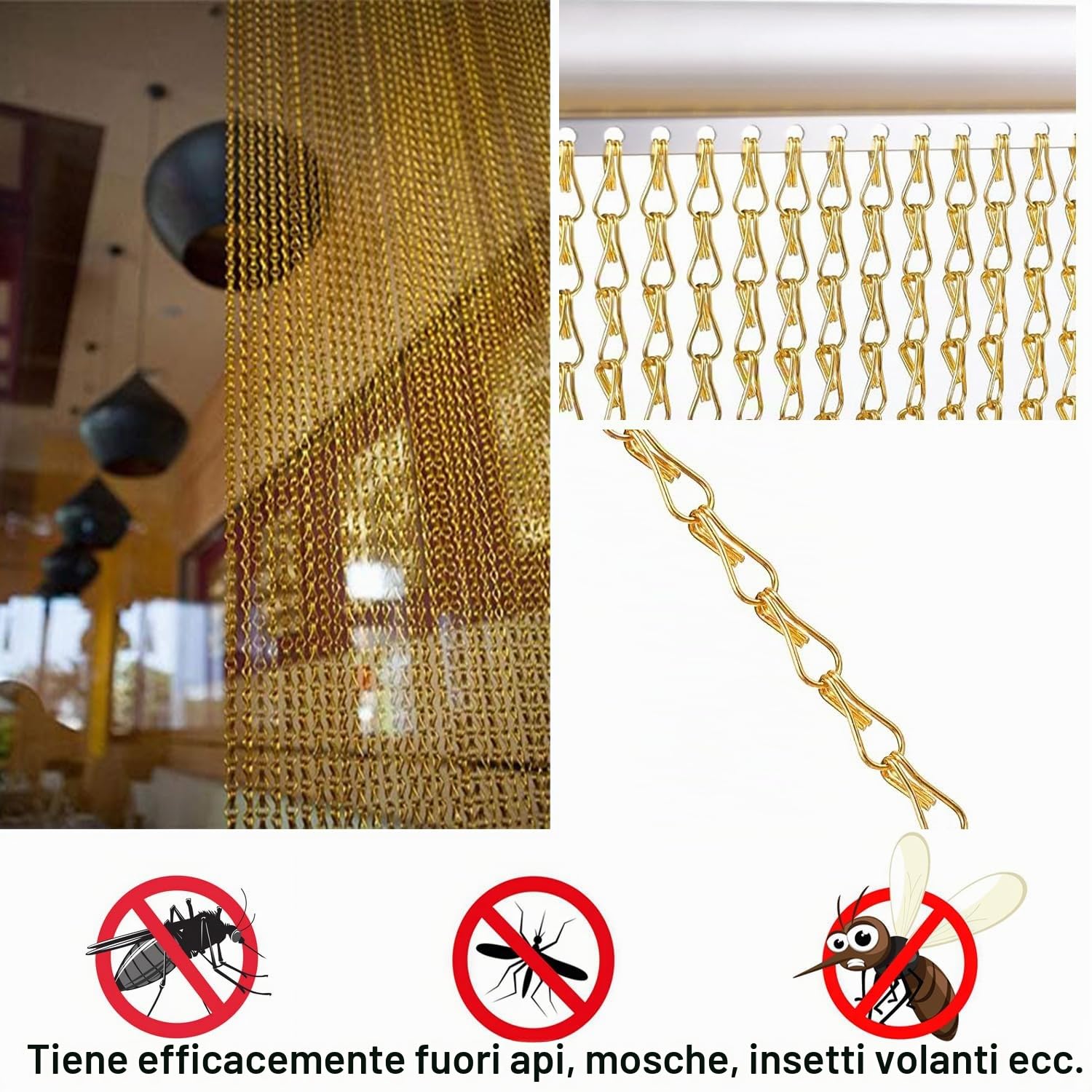 Tenda a catena in alluminio, 90 x 200 cm, zanzariera per porte e finestre, accessorio per la casa (catena in alluminio dorato)