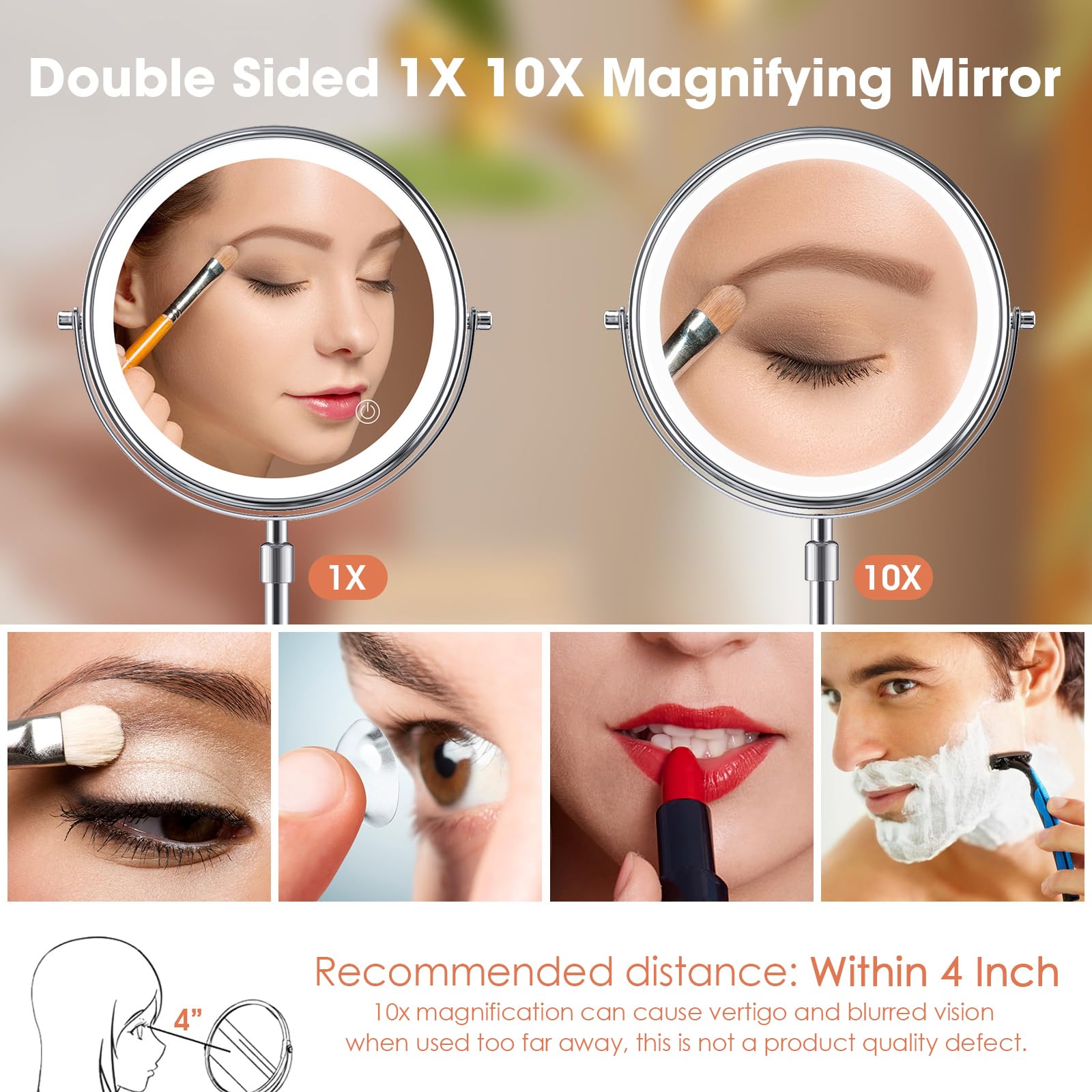 Kosmetikspiegel mit Licht, 20,3 cm, verbessert, Make-up-Spiegel, doppelseitig, 1 x 10-fache Vergrößerung, höhenverstellbar, Make-up-Spiegel mit Licht, 3-Farb-Beleuchtung, Touch-Sensor-Dimmung