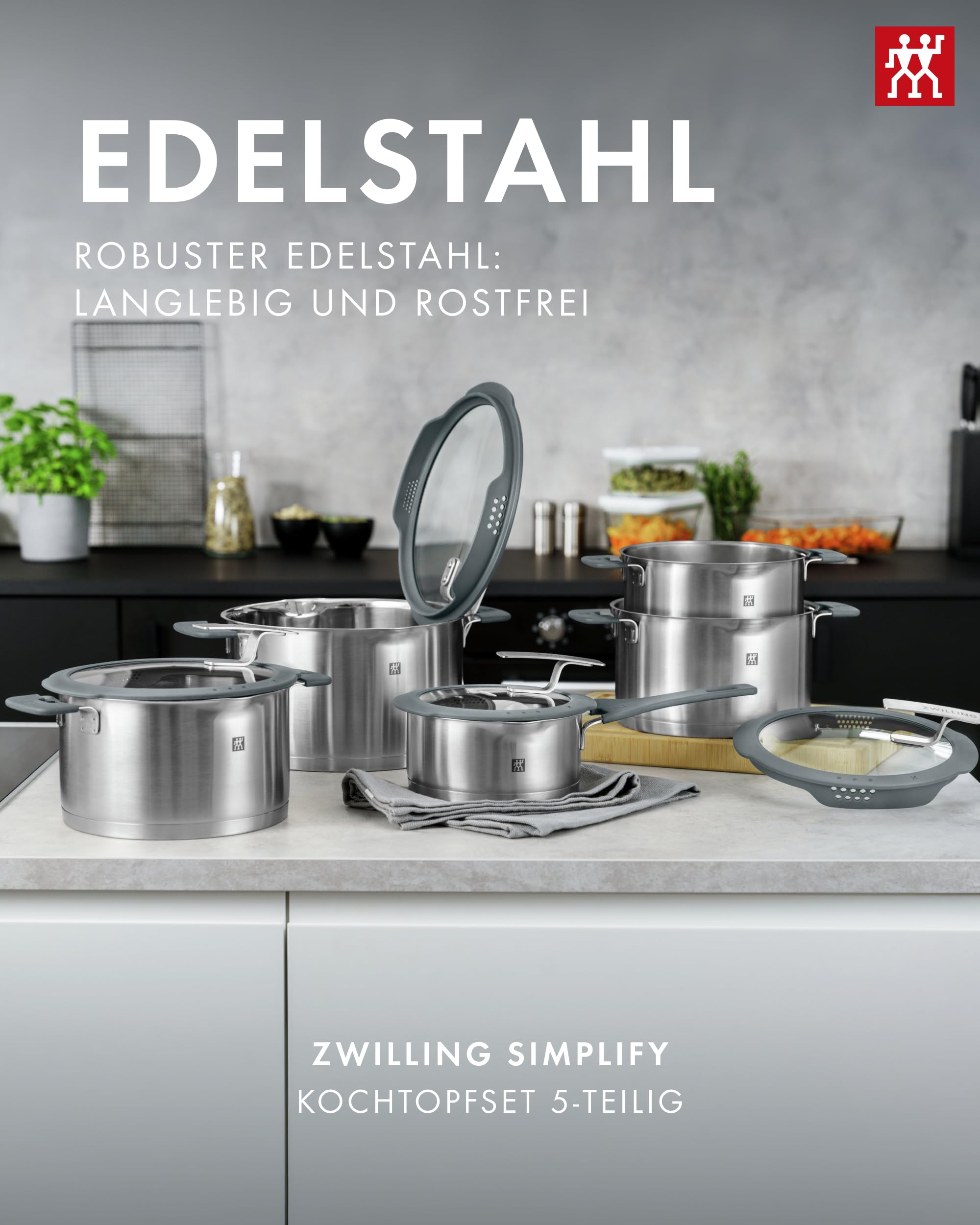 ZWILLING Simplify Kochtopf-Set 5-teilig, Integriertes Sieb, Induktion, Grau | Ausgießfunktion, Stay-Cool-Griffe, Edelstahl