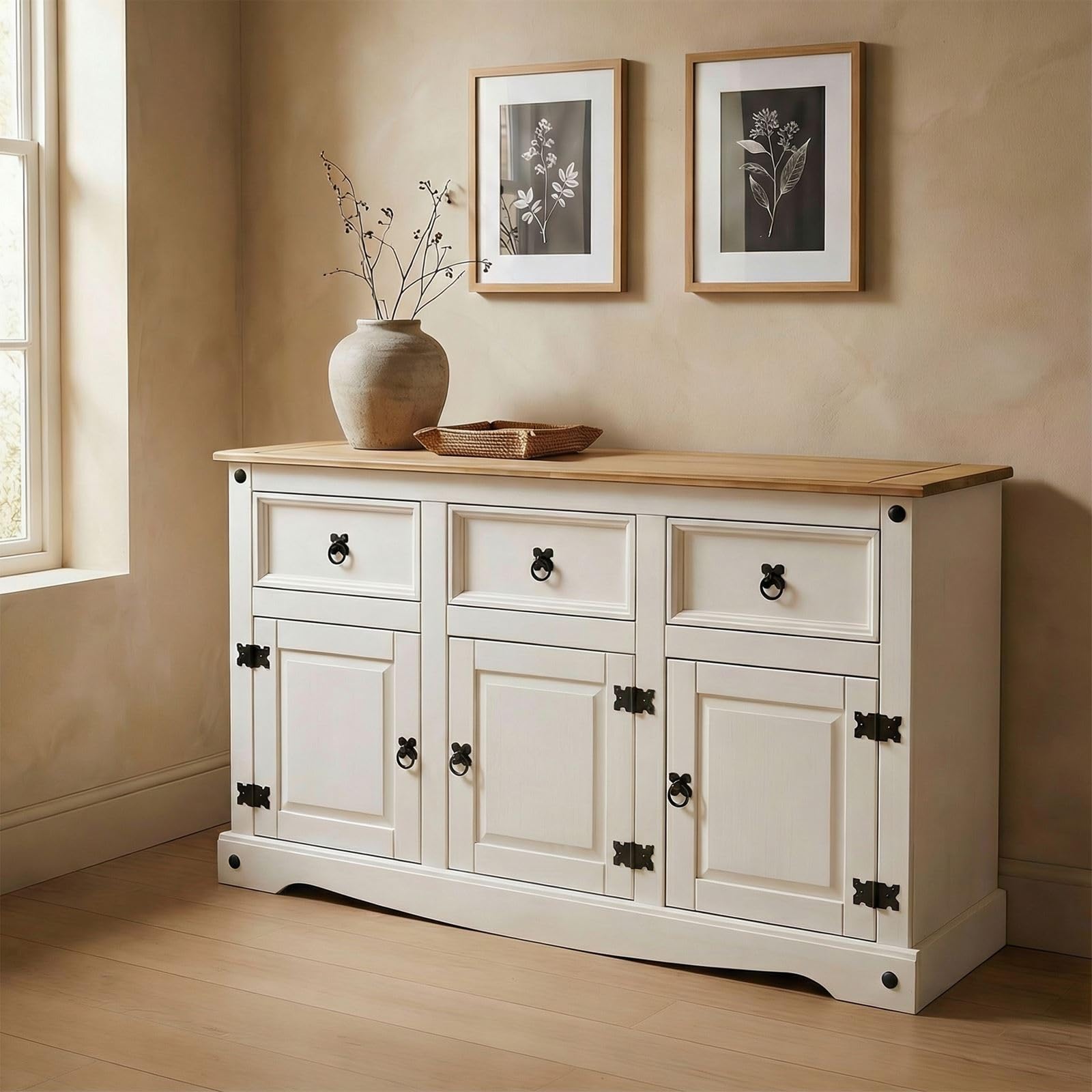 CARO-Möbel Sideboard Campo im Mexiko Stil Kommode Kiefer massiv weiß mit 3 Schubladen und 3 Türen Buffetschrank Geschirrschrank