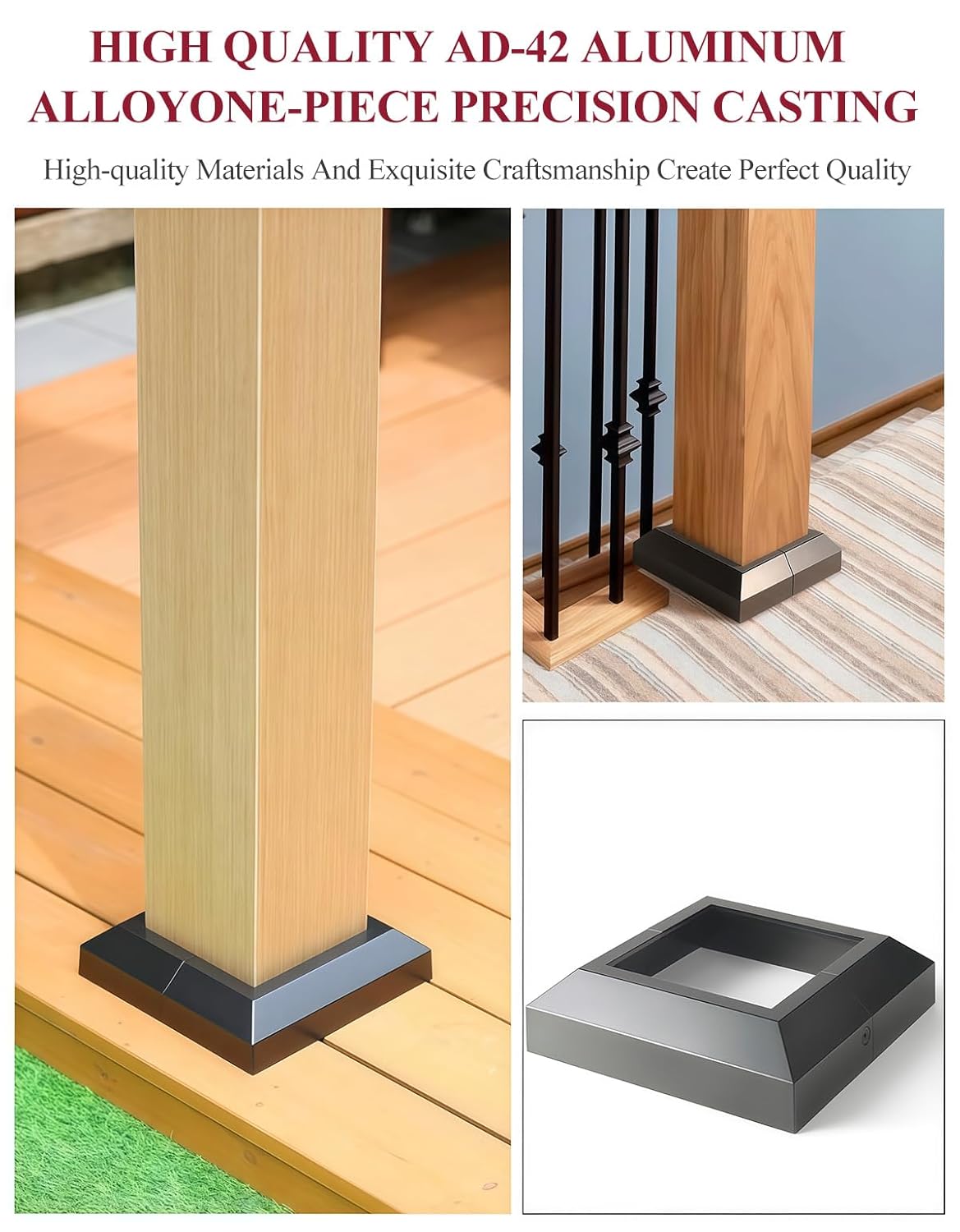 6PCS 3"x 3" Split Deck Post Base Cover, Aluminum Split Type Post Skirt Guardrail Bottom Cover for Railings, Stairs, Patios, Porches, Split Deck Base Bracket Covers(Black)