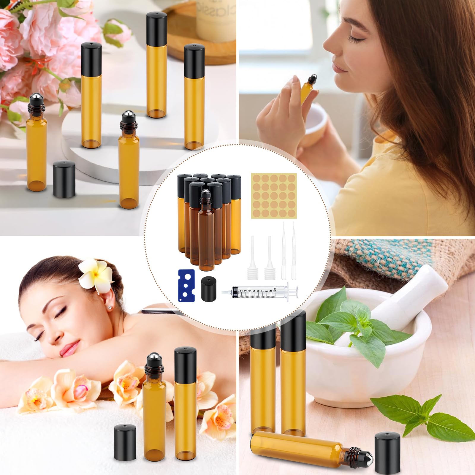 12 Pièces Bouteilles à Huile Essentielle en Verre, 10ml Flacons Roll-on en Verre Rechargeable, Marron Flacon Roll on Vide, Bouteille à Rouleau D'huile Essentielle pour Parfums Aromathérapie Massage