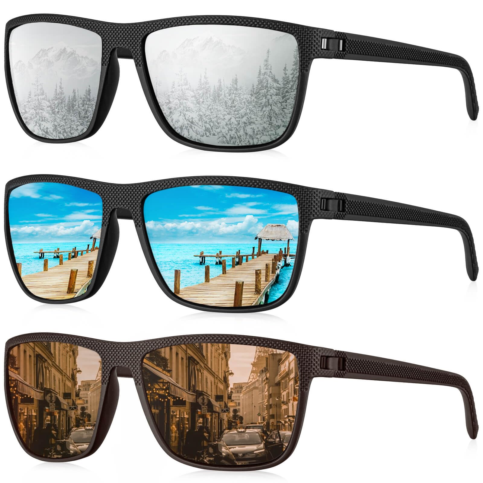 KALIYADI Polarized Sunglasses for Men, Lightweight Sun Glasses with UV Protection for Driving Fishing Golf (3 Pack) Ice Blue/Silver/Brown