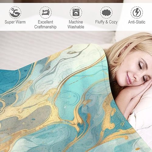 Miniatura 4 de Manta con textura de mármol, turquesa, verde azulado, dorado, cálida, franela dorada y verde esmeralda, acogedora manta de felpa cálida y ligera