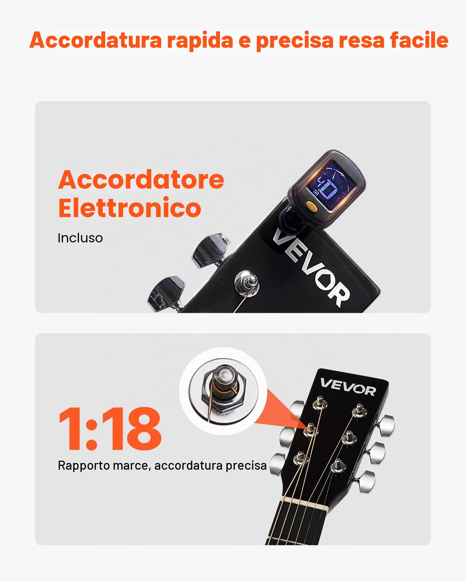 VEVOR Chitarra Acustica Dreadnought 990,6 mm Chitarra Acustica a 6 Corde con Tavola Armonica in Abete Massello Naturale, Custodia Morbida, Accordatore, Tracolla, Corde in Acciaio, Plettri, Capotasto