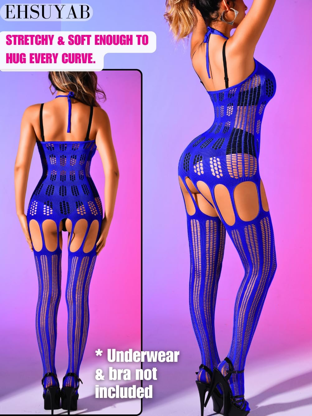 Body Stockings For Women Sexy, Sheer Fishnet Bodysuit Cutout Lingerie, Rave Party Club Dancer Outfits One Size Plus Size Royal Blue - Image 3