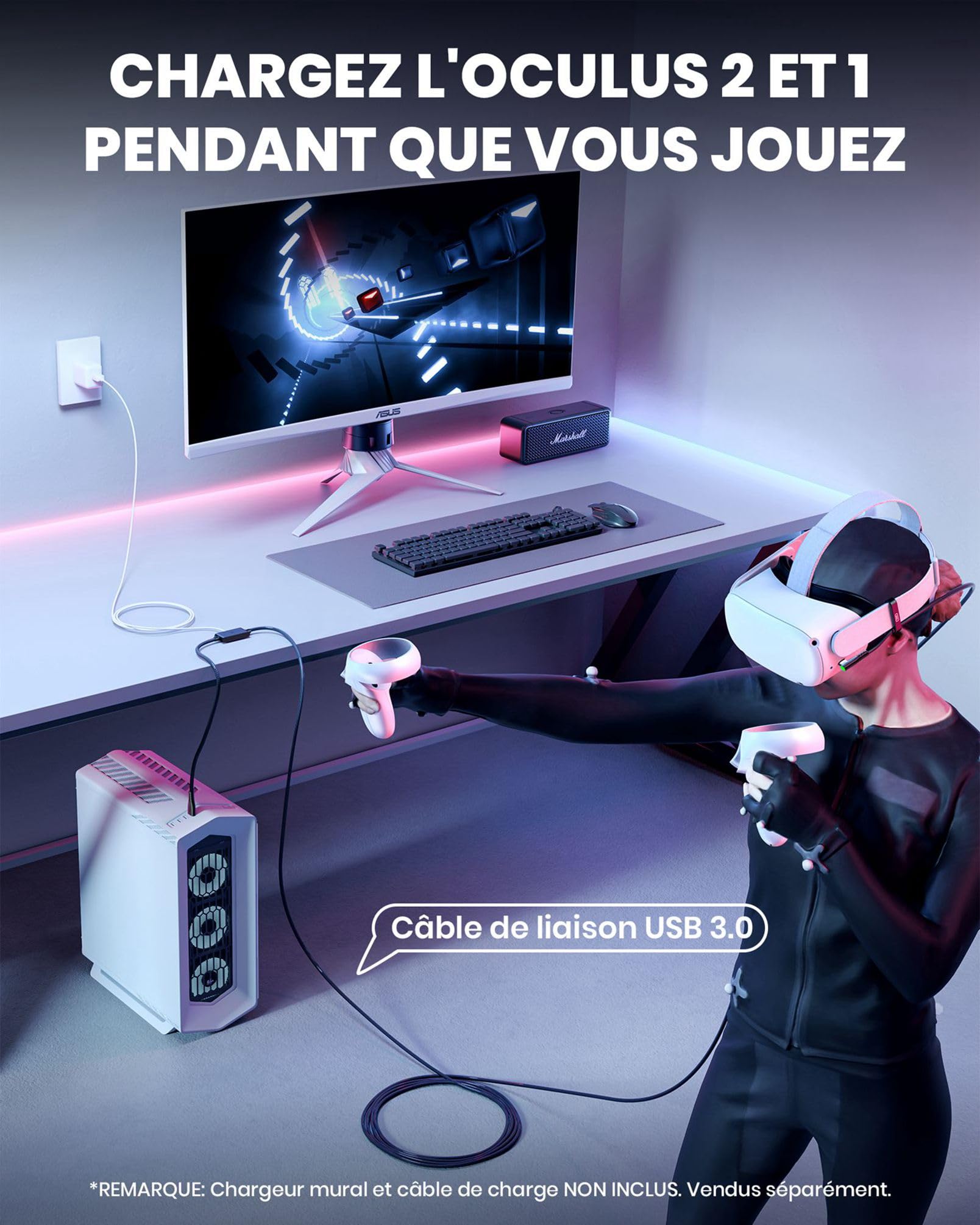 INIU Câble Link 5 mètres, Compatible avec Meta/Oculus Quest 3/2/Pro et Pico 4 Accessoire et PC/Steam VR, Câble de liaison USB 3.0 haute vitesse de transfert de données USB C avec port de charge séparé