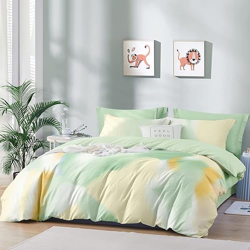 Miniatura 2 de SAPHREAS Juego de funda de edredón de 3 piezas de estilo teñido anudado verde y amarillo, tamaño Queen, 100% algodón, 1 funda de edredón y 2 fundas