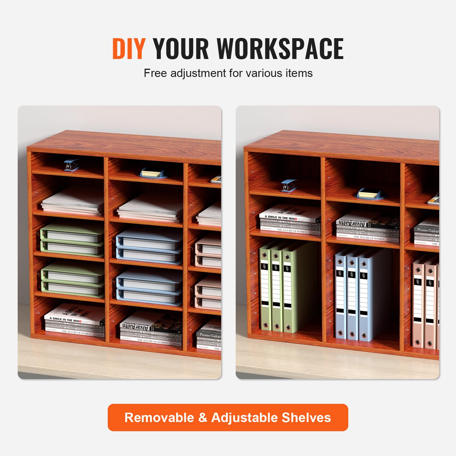 VEVOR Organisateur de Bureau en Bois 80x30,5x63 cm, Trieur de Fichiers à 27 Compartiments, Meuble à Courrier en MDF, Étagères Amovibles, Classeur pour Ranger Papiers Magazines Bureau École, Marron