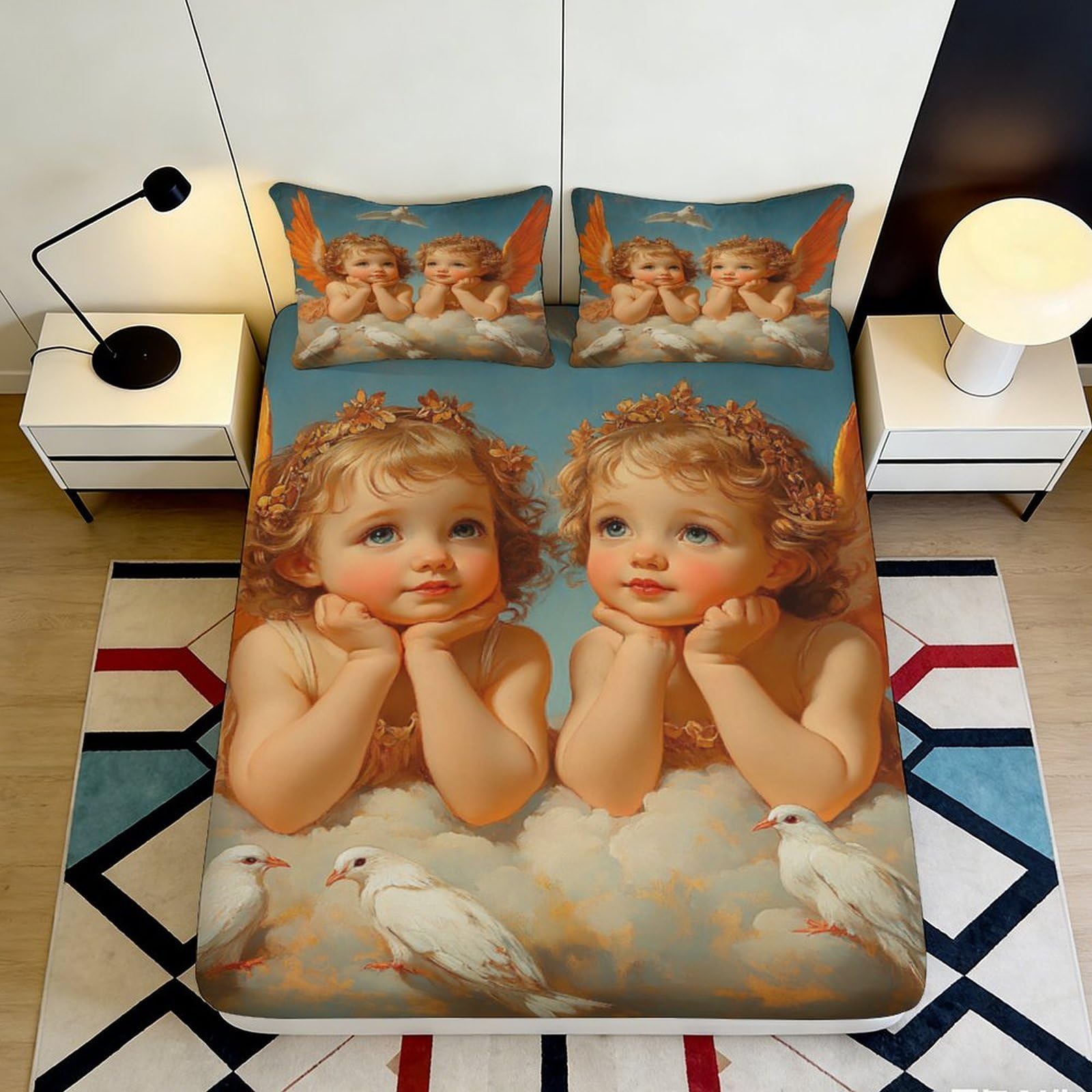 3D Printed Renaissance Angel Fitted Sheet Microfiber Soft Breathable Baroque Cherub Mattress Cover for Bedroom Decor 90x200x25cm