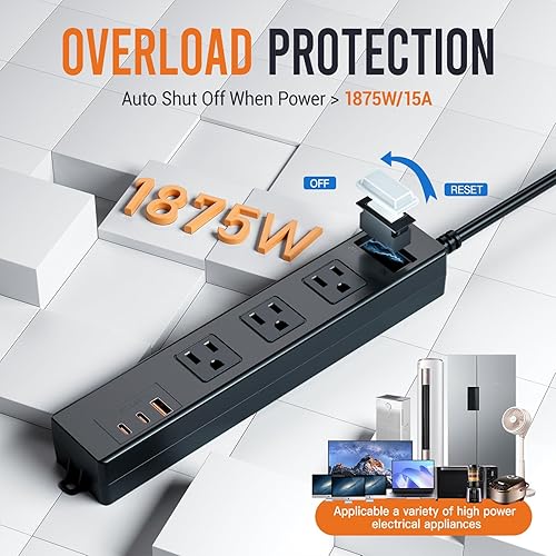 Miniatura 3 de Regleta de alimentación para exteriores resistente a la intemperie, cable de extensión de 6 pies, 6 salidas y 3 puertos USB, tira de alimentación de