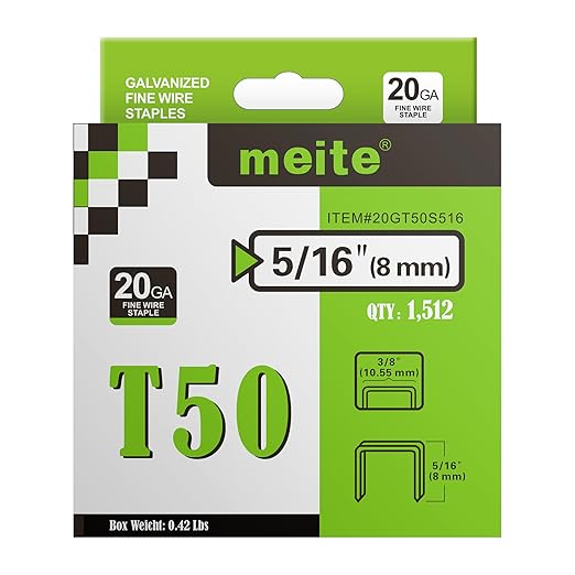 meite T50 Staples, 5/16 Inch Heavy Duty Staples for Staple Gun, Galvanized 20 Gauge 3/8 Inch Crown Staple for Upholstery, Construction, Furniture (1,512 Counts)