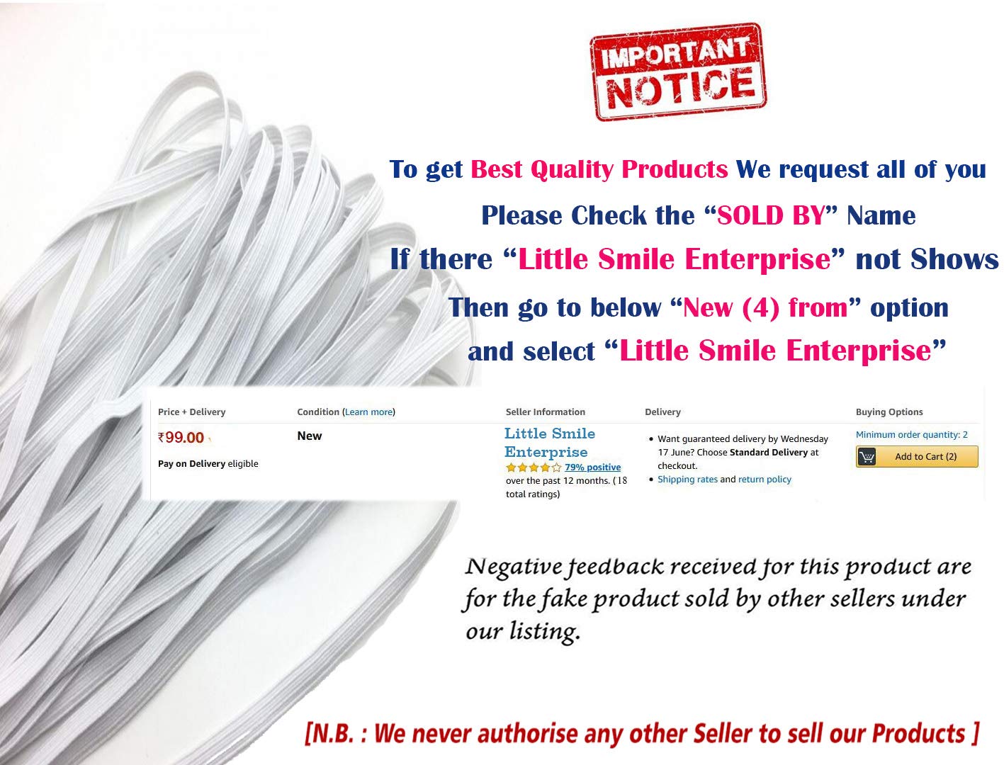 Little Smile 10mm White Elastic for Face Masks 200 Meter Long(219 Yards) High Tensile Strength Used in Mask, Tailoring, Sewing, Fashion Designing, Boutique, Stitching, Alteration etc 3