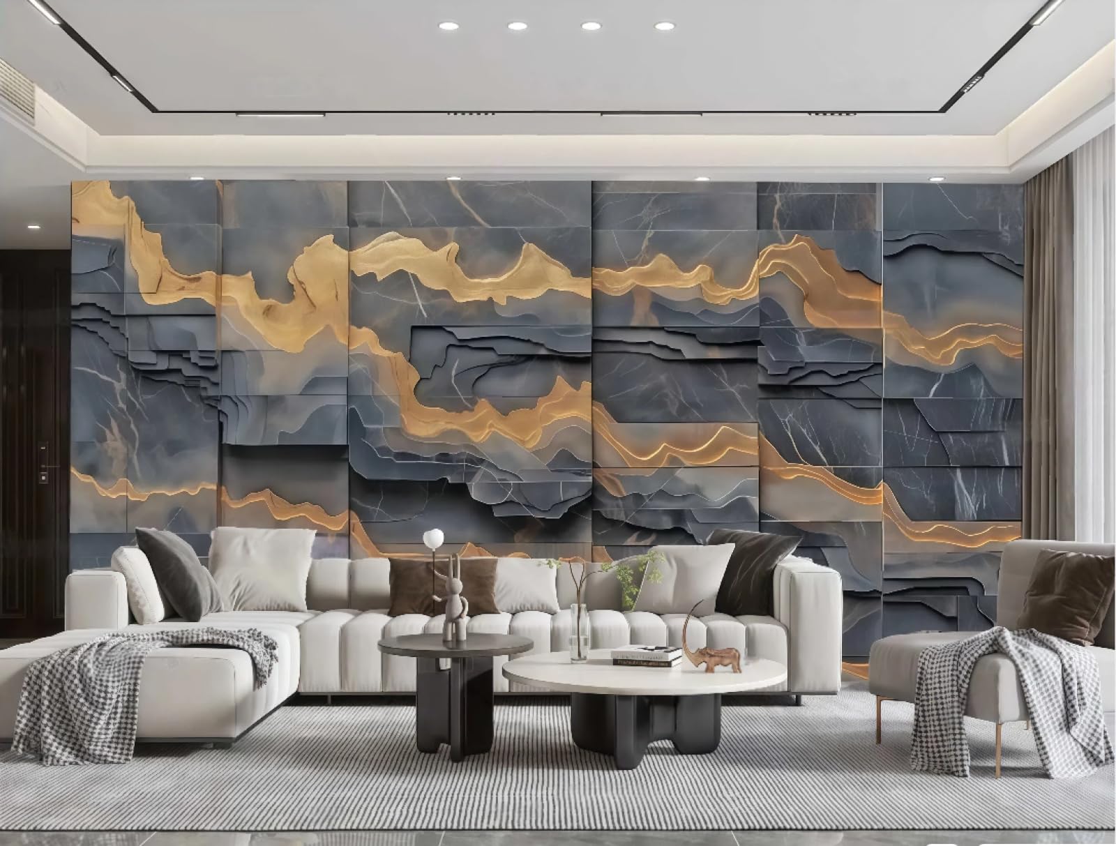 Papier peint art noir et vague d'or 3D pour un salon moderne chic