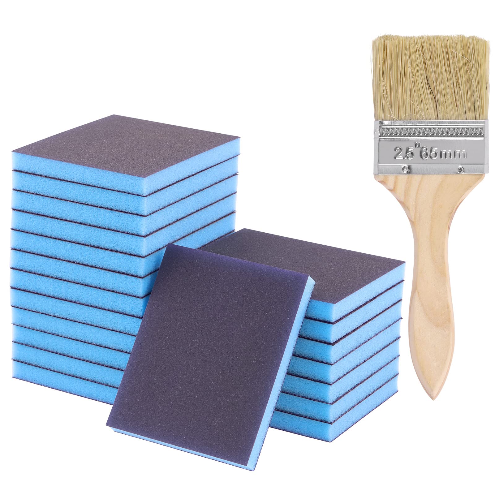 Glarks El kit de 21 esponjas de lijado de grano 220 incluye 20 bloques de lijado reutilizables y lavables de 120 x 100 x 12 mm con 1 cepillo de pintura para madera, metal, pintura y paneles de yeso
