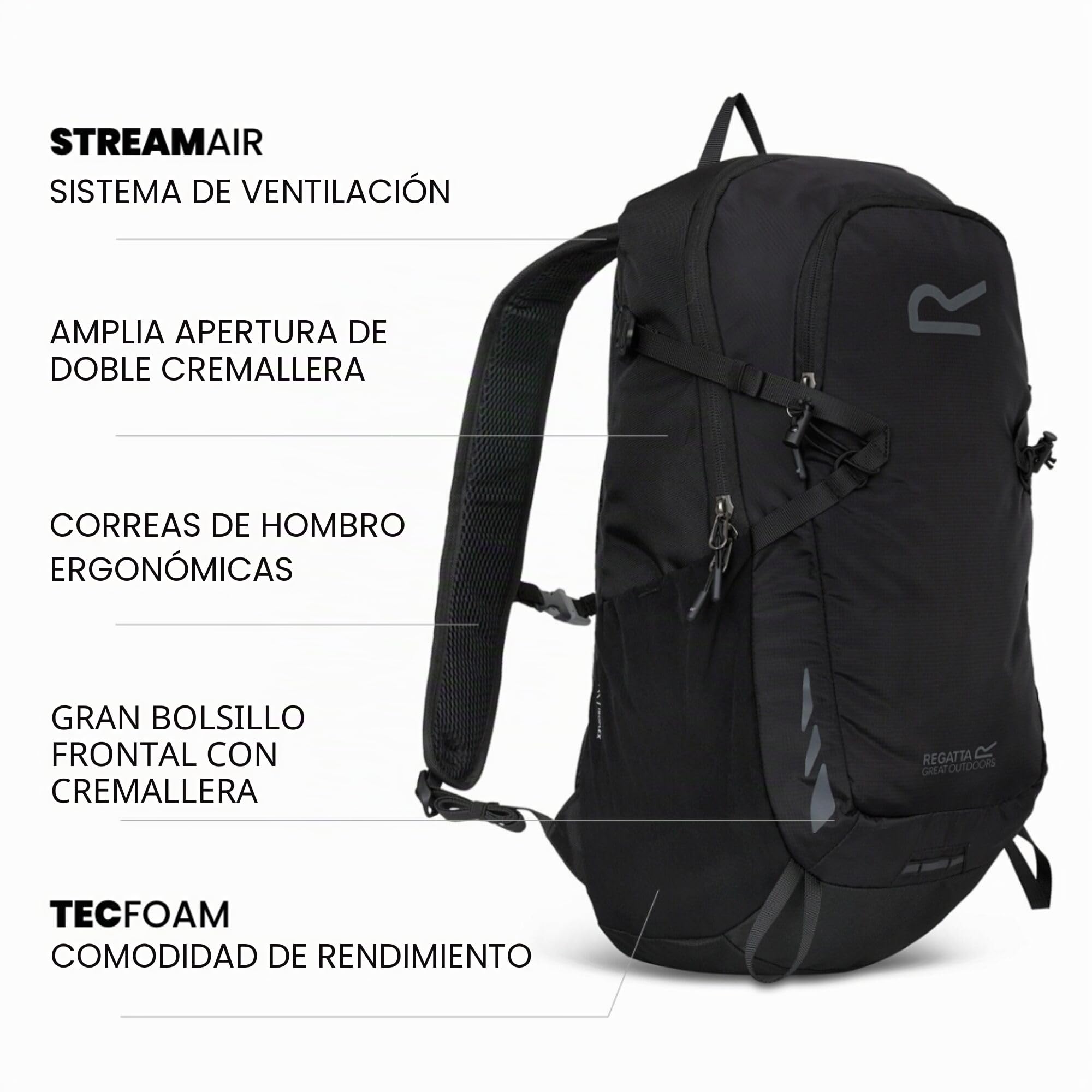 Regatta Blackfell - Mochila reflectante con soporte de marco de metal, perfecta para caminar, senderismo, camping y senderismo, Black, M, Casual