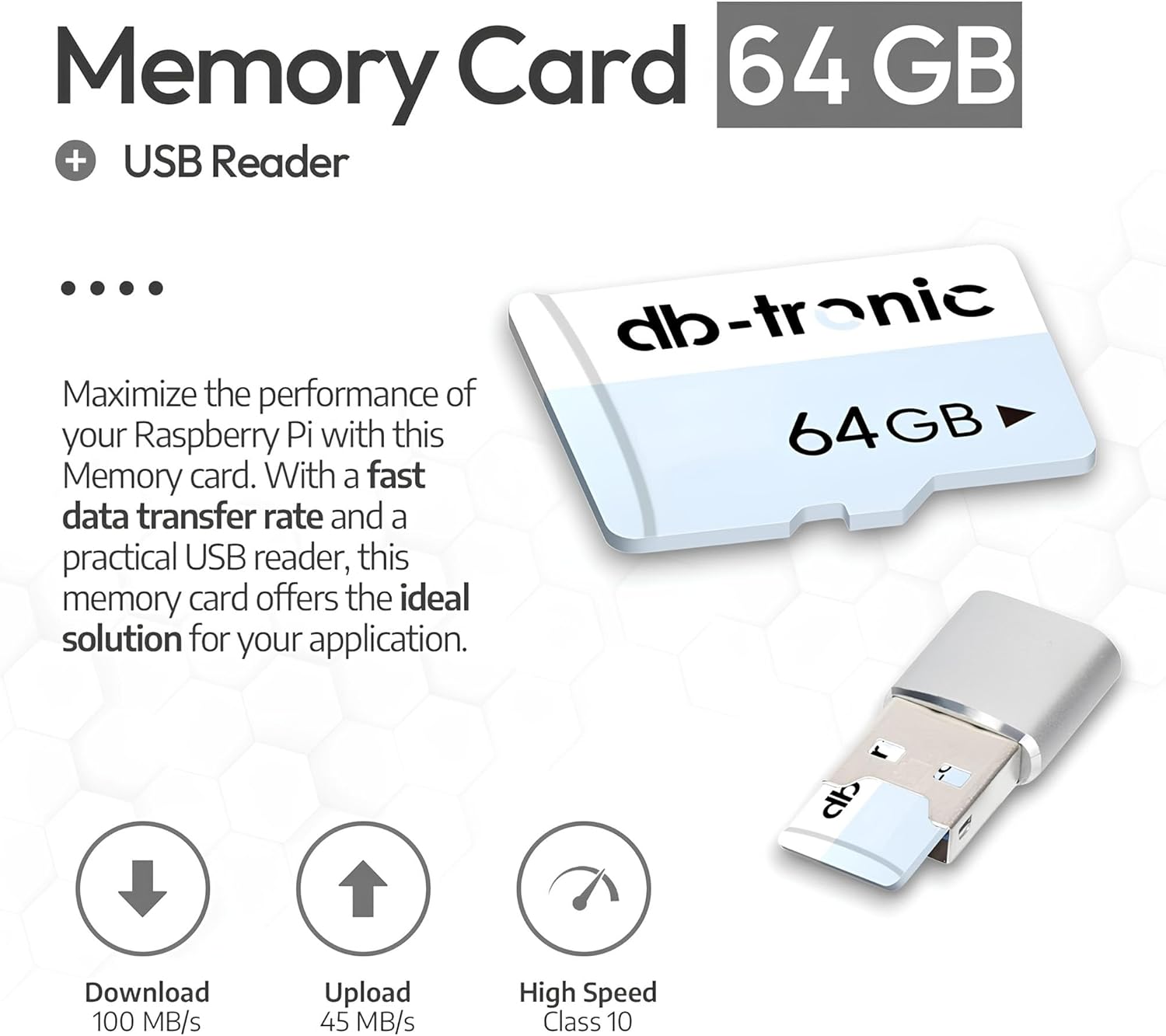 Image of the db-tronic 64GB MicroSD card and a USB card reader.