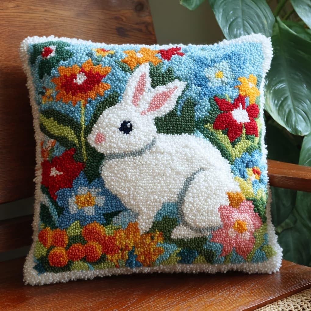 Henypt Latch Hook Kits for Beginners & Adults,Rabbit in the Flower Bushes 43x43cm DIY Pillow Cover Craft,Easy Crochet Needlework Kit with Full Accessories