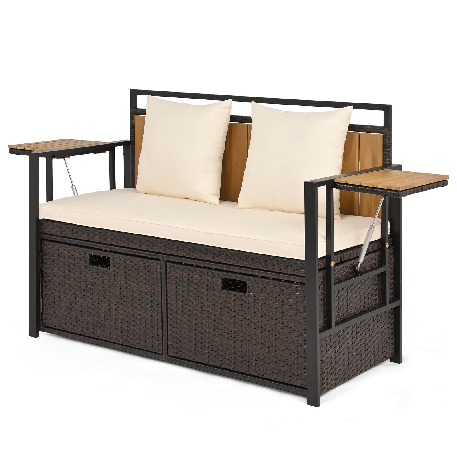 SOARS Banco Arcón Exterior para 2 Personas, Banco Jardín de Ratán con Compartimento de 142,5L, 2 Mesitas Plegables, Cojín y 2 Almohadas, Cofre de Almacenamiento para Patio, Terraza (Blanco)