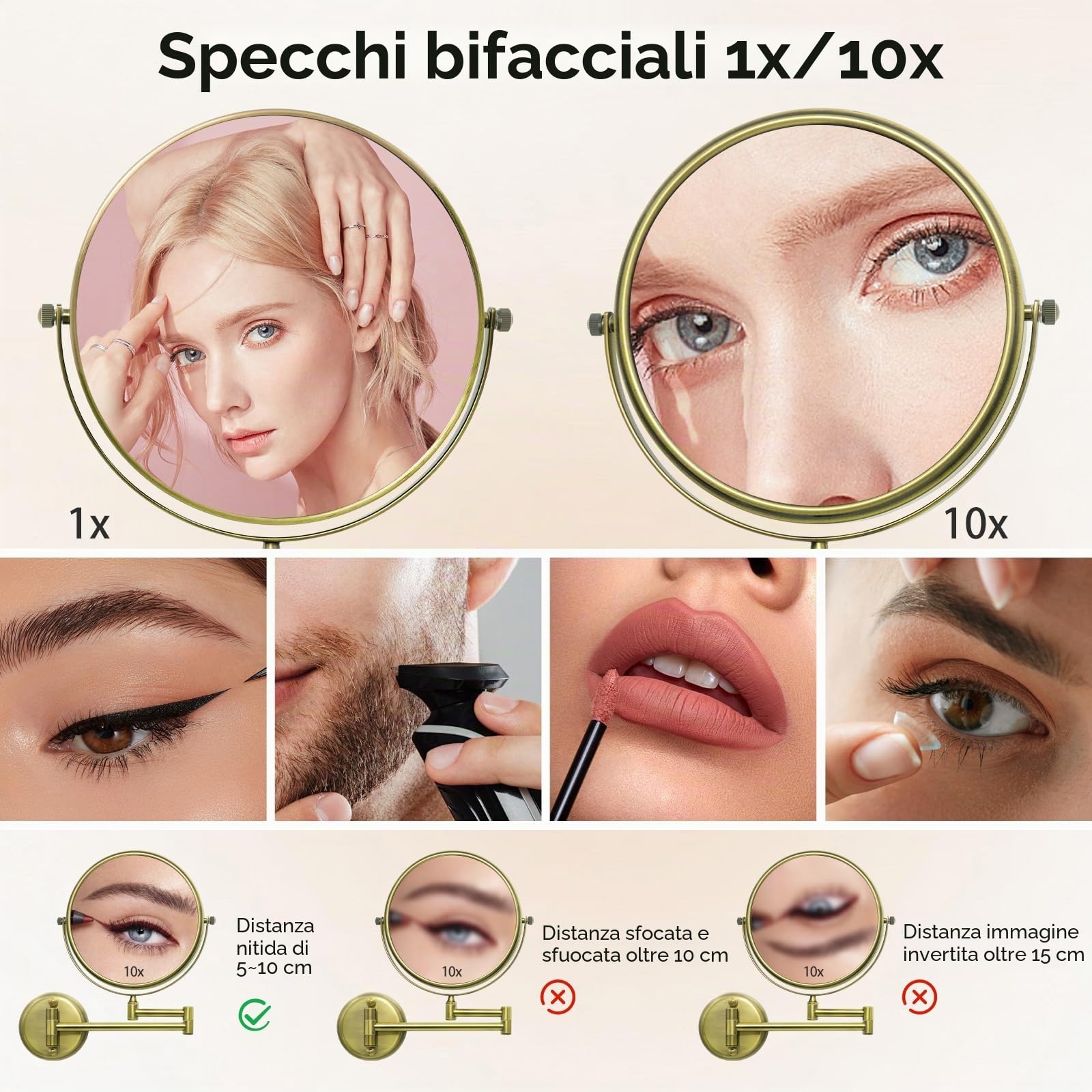 Nicesail Specchio Ingranditore da Parete 10x,Specchio Estensibile da Bagno Oro Bronzo,Specchio Bifacciale con Braccio Flessibile,Specchio per Barba Uomo,Diametro 20 cm