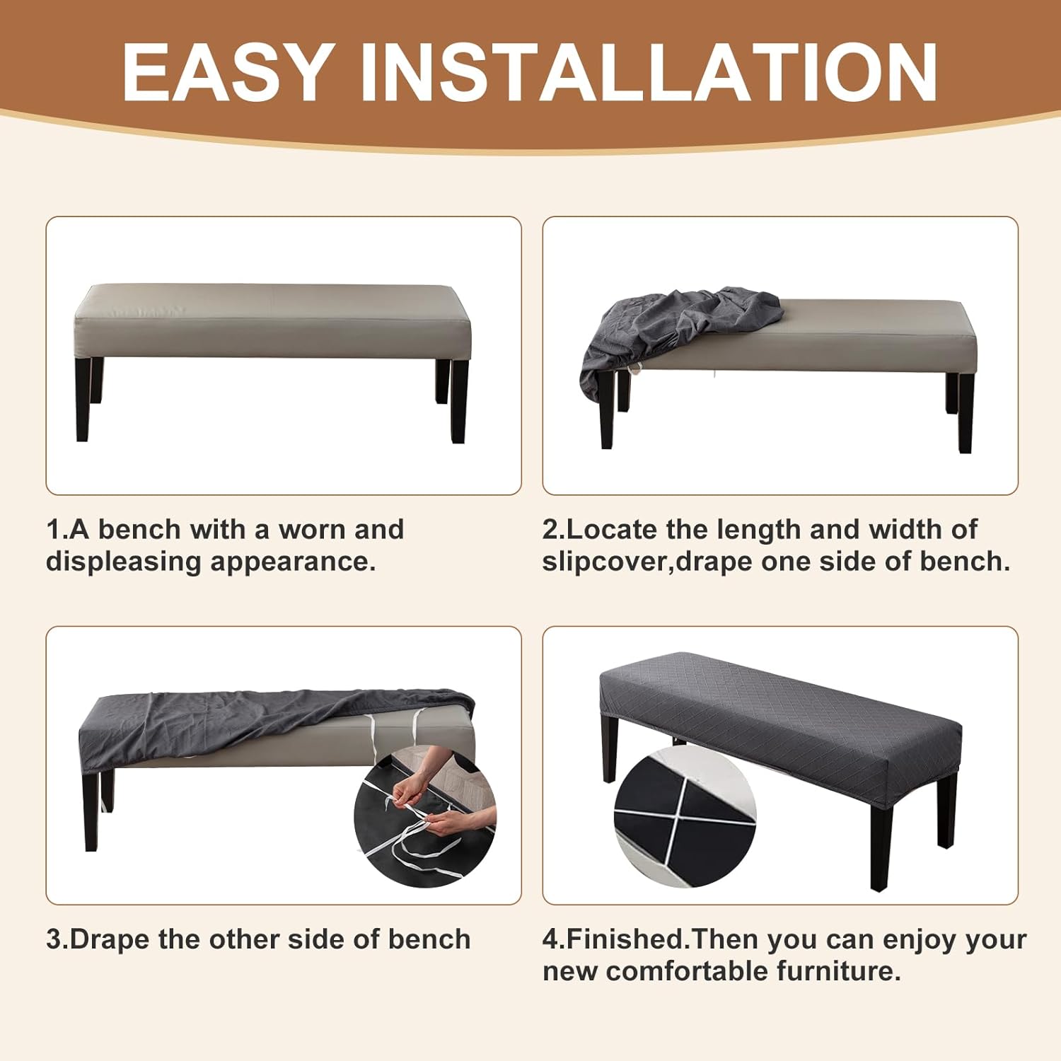 Genina Stretch Dining Bench Covers, Waterproof Stretch Jacquard Bench Seat Protector Cover, Rectangular Bench Cover for bedrooms, Living Rooms, Kitchens, Removable, Washable