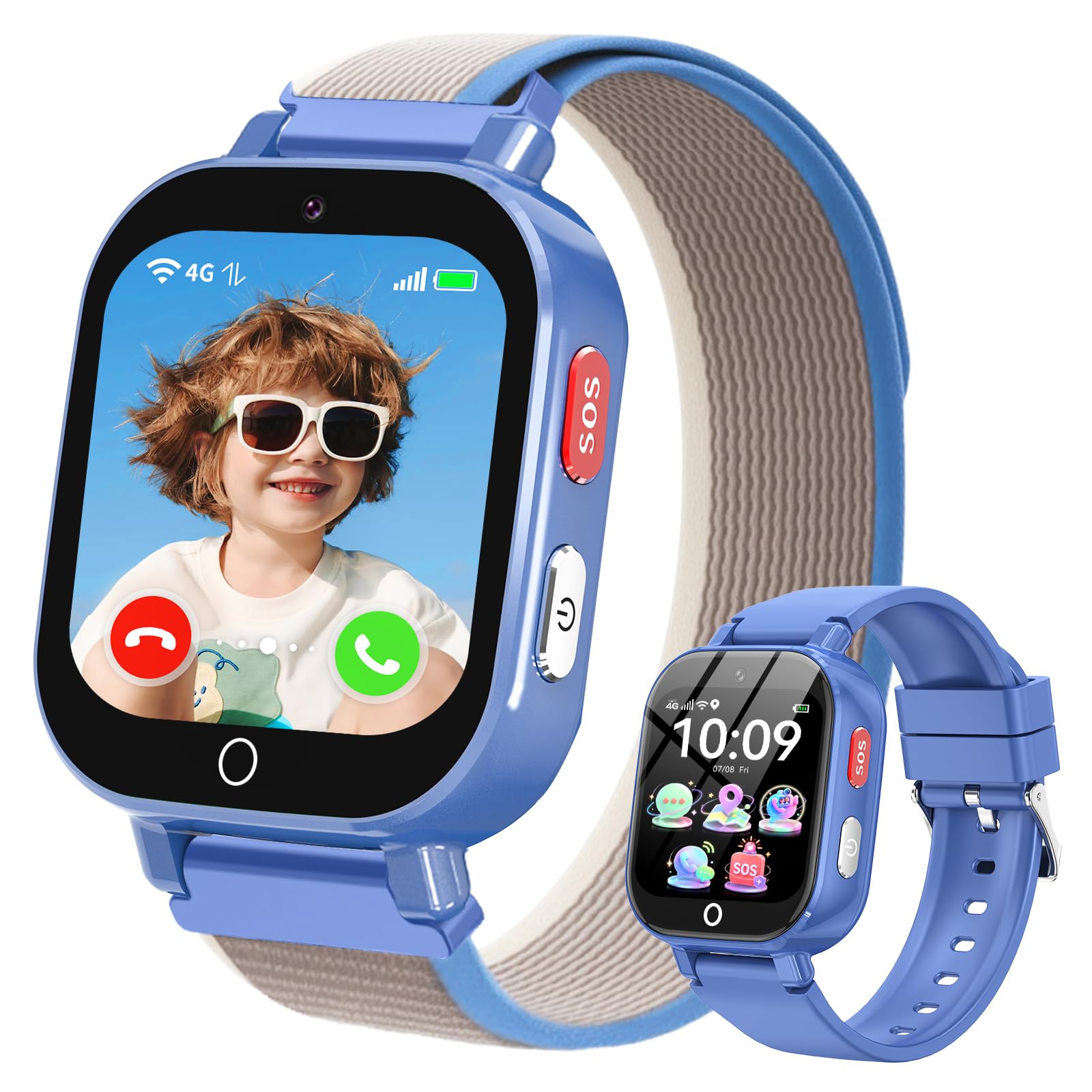 4G Montre Connectée Enfant, Smartwatch Téléphone pour Filles Garçons avec GPS Appel Vidéo SOS WiF Chat Vocal SMS Mode Classe Révei Podomètre Montre Intelligente Enfants Cadeau 4-12 ans，Bleu clair