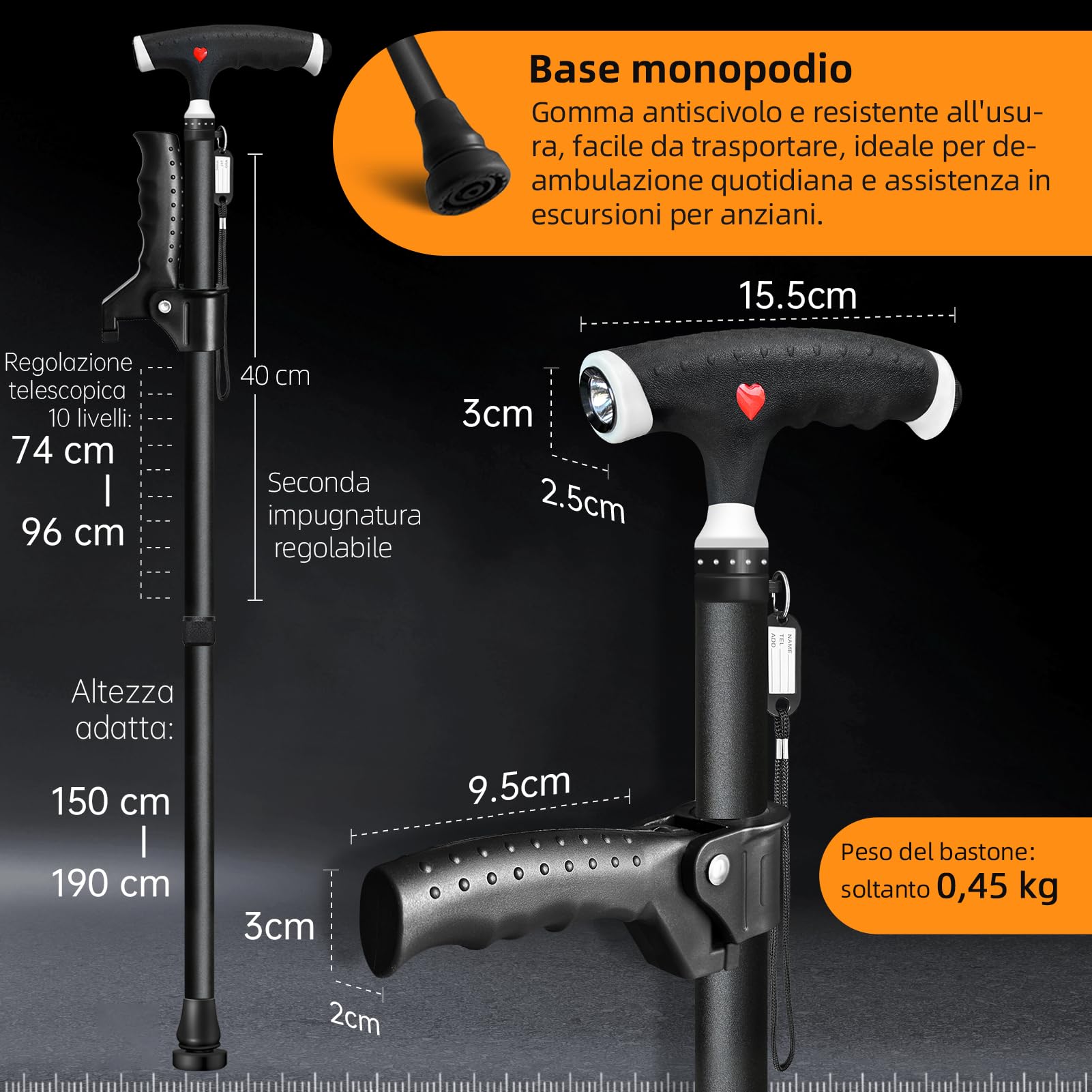 Bastone da passeggio regolabile per uomo e donna, doppio manico regolabile, bastone da passeggio con luce a LED, bastoni per anziani e persone con diversi tipi di artrite