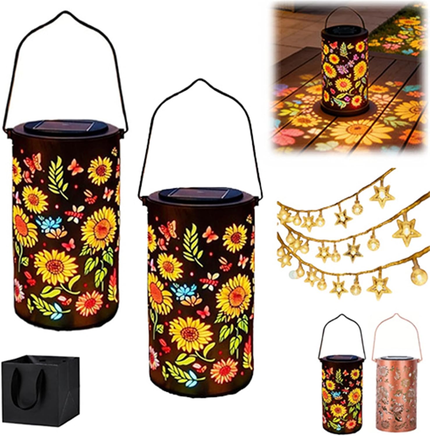 Colorful Sunflower Glow Solar Garden Lantern, Hanging Waterproof Metal Lights with Floral LED Projection, Hanging Sunflower Lantern Lights, for Yard Patio Porch Outdoor Decoration (3pcs)