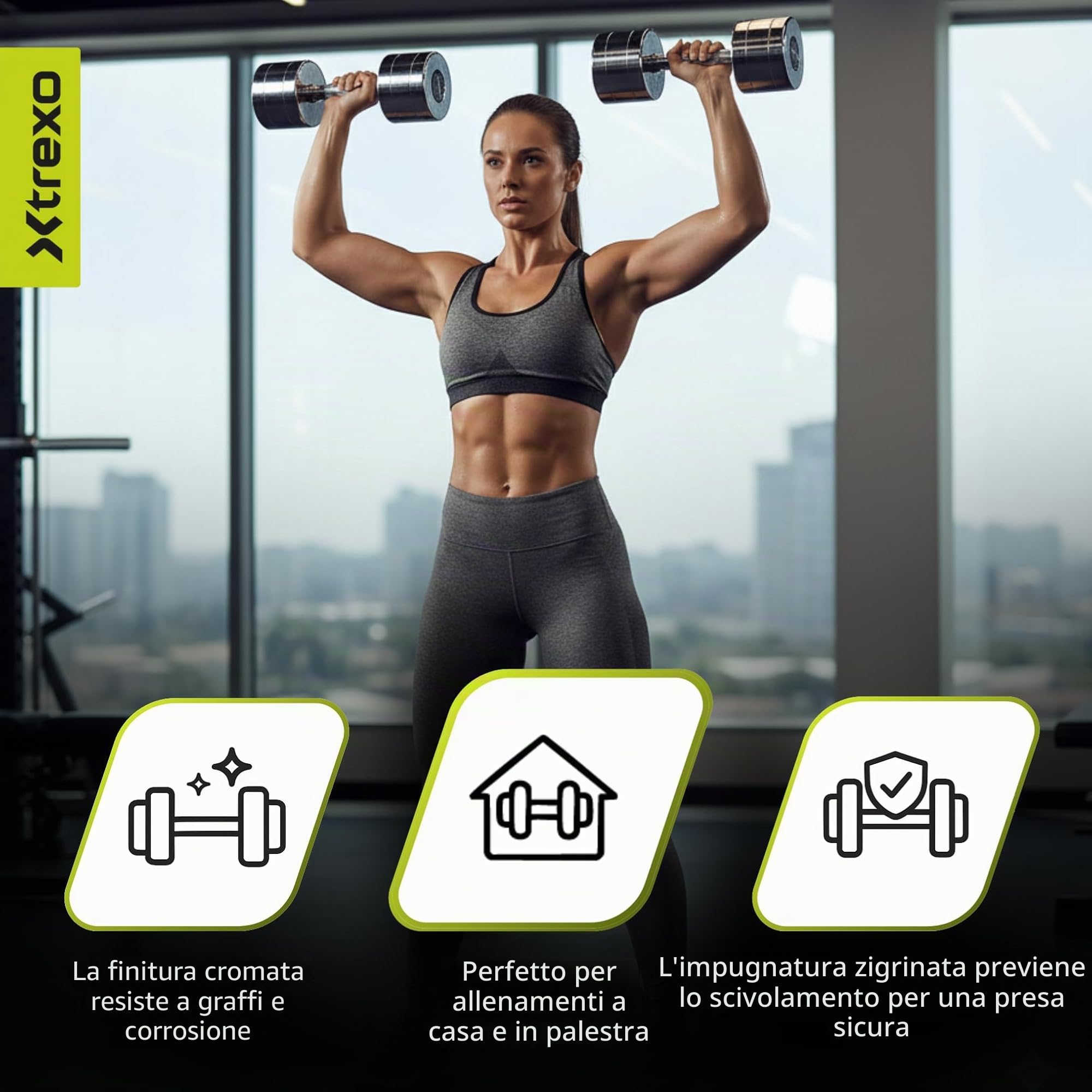 TREXO Set di manubri cromati da 2 x 7 kg, set di manubri in acciaio con manico antiscivolo, ideali per l'allenamento di forza, resistenza e funzionalità, perfetti per casa e palestra
