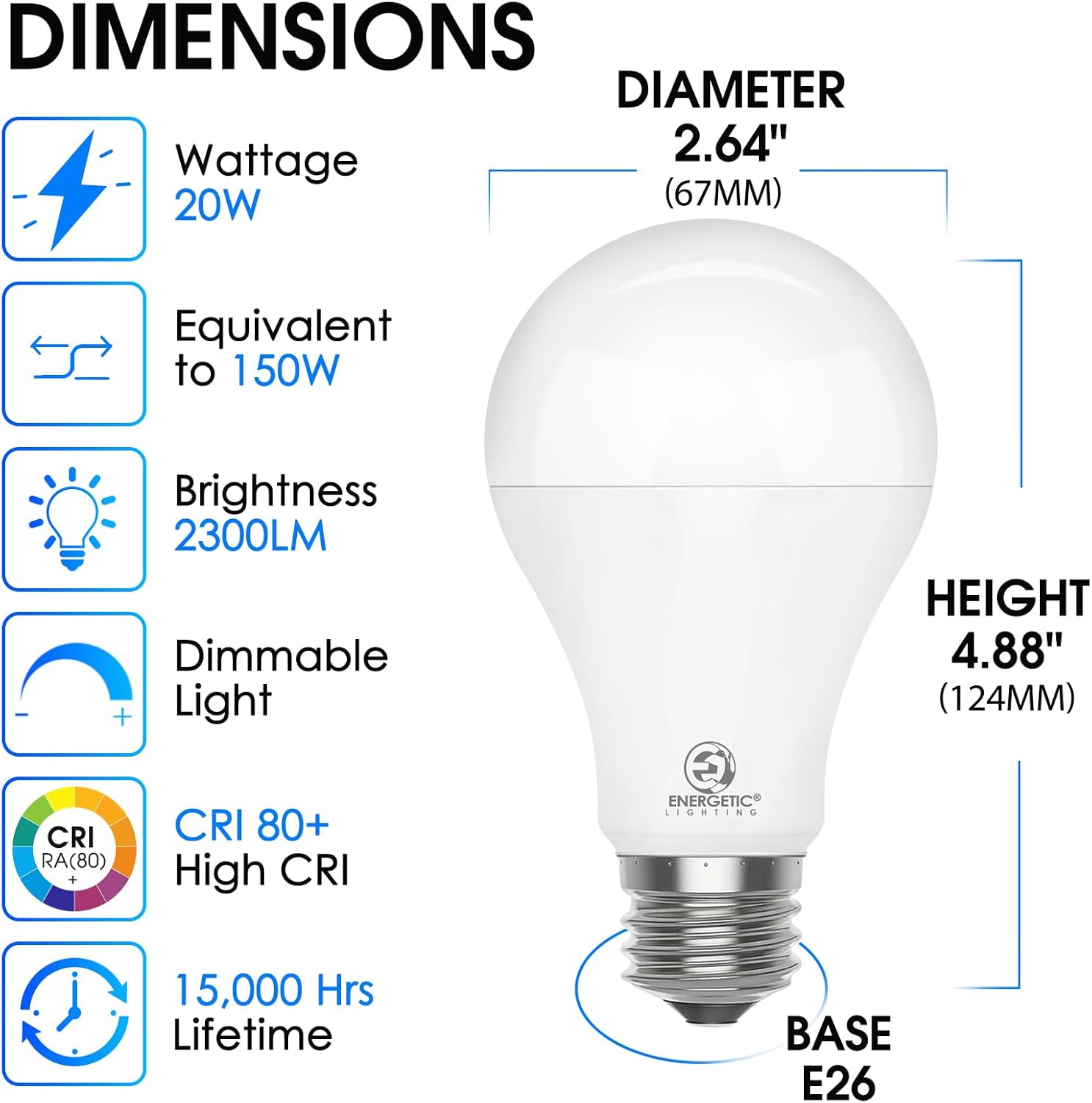 Energetic Dimmable A21 LED Bulb, 150 Watt Equivalent, Super Bright Light Bulb, Soft White 2700K, 2300LM, Brightest LED Bulbs, E26 Standard Base, Damp Rated, UL Listed, 2-Pack